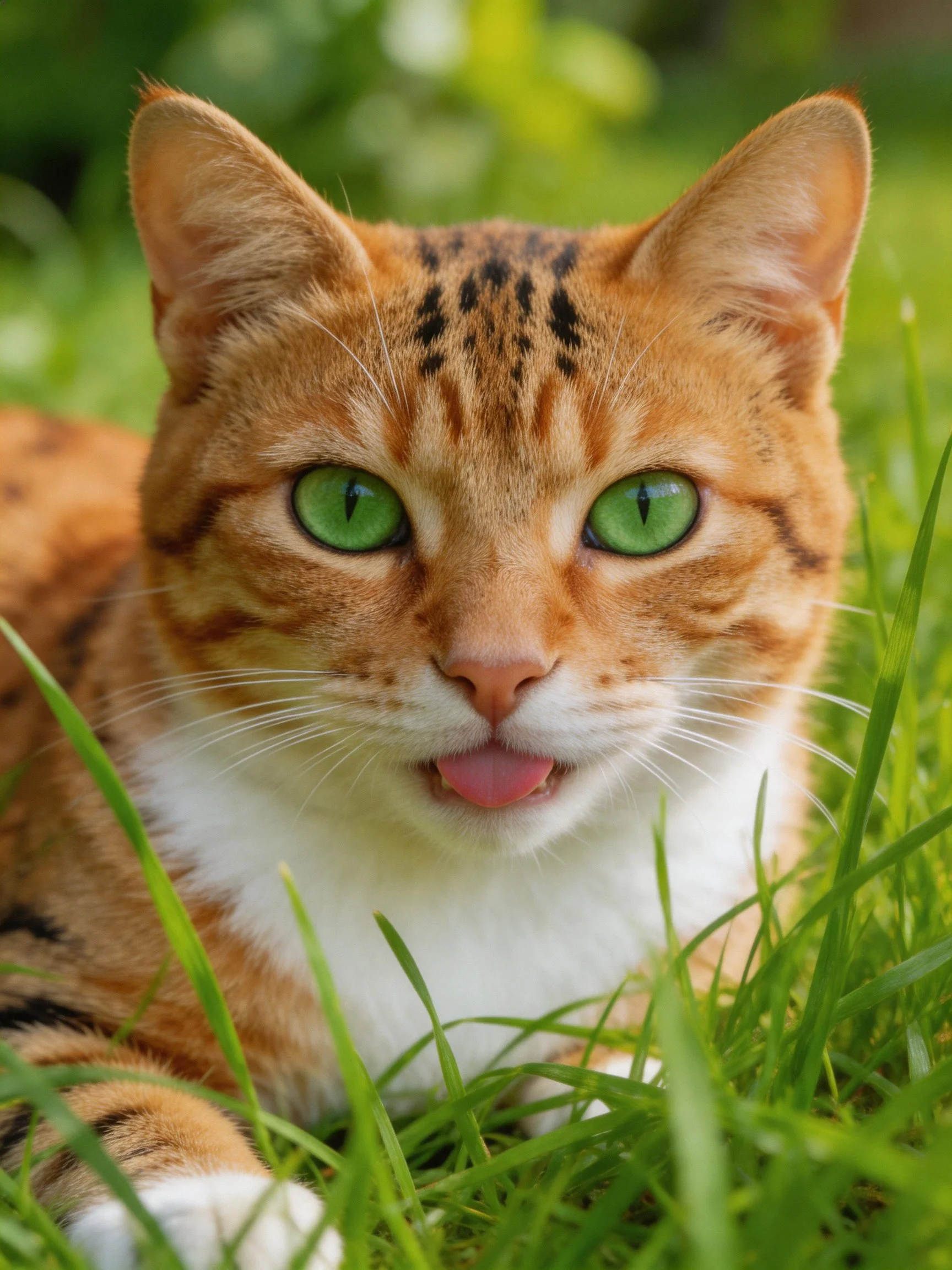 An orange tabby cat with green eyes relaxes among tall grass in a sunny outdoor setting.