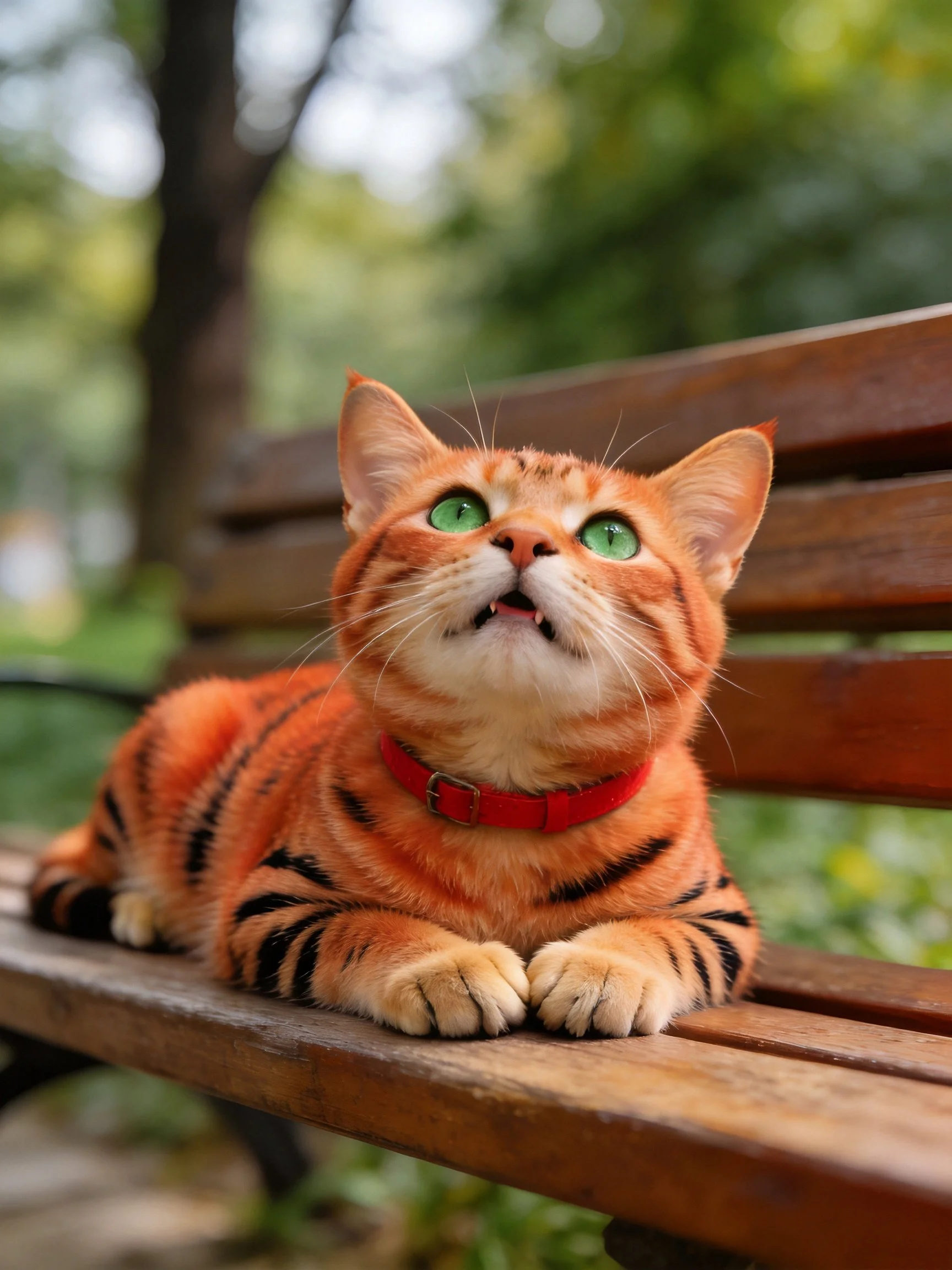 An orange tabby cat with green eyes relaxes on a wooden bench outdoors.