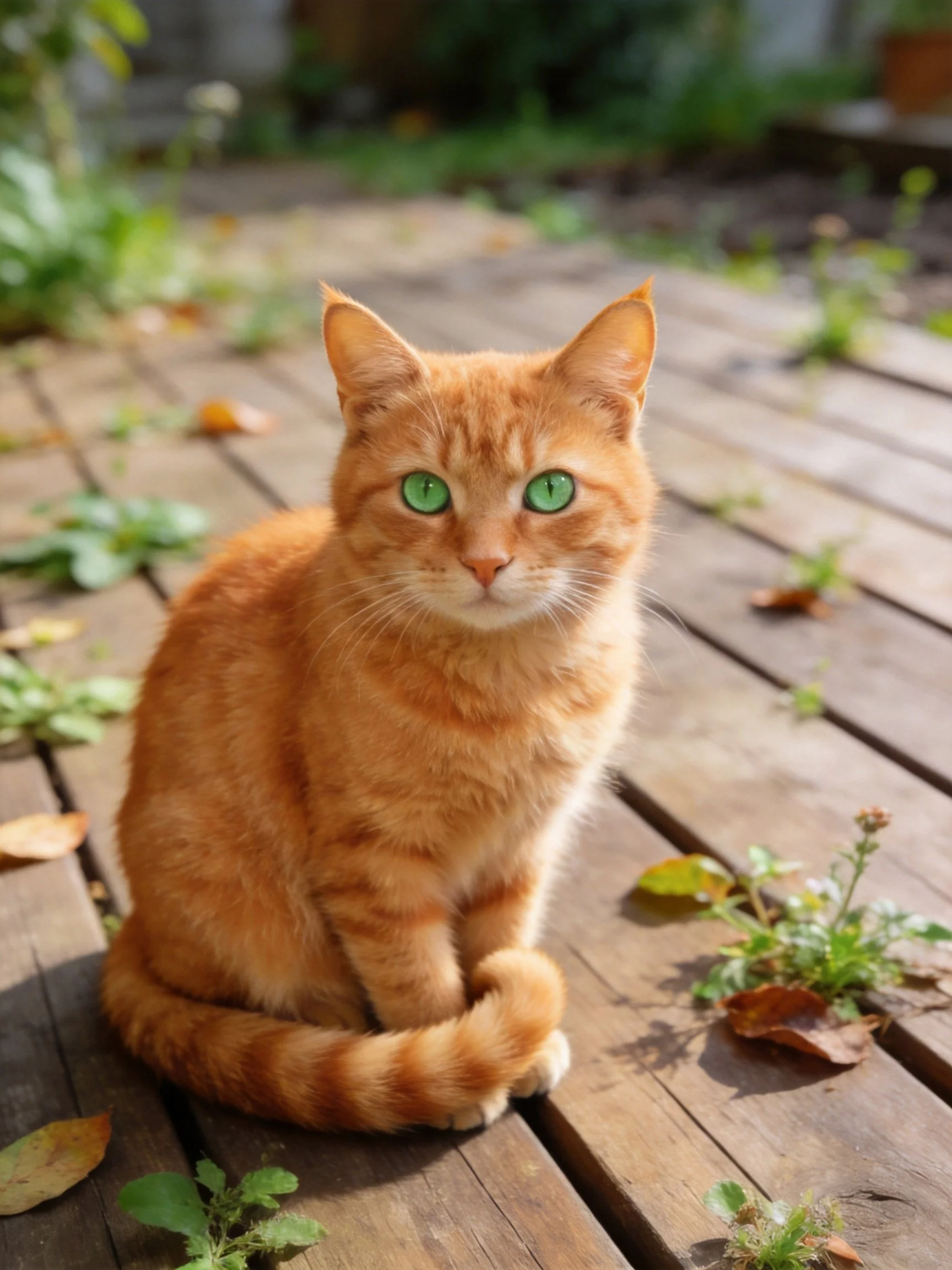 An orange tabby cat with green eyes sits calmly on a wooden deck amid scattered leaves and plants.
