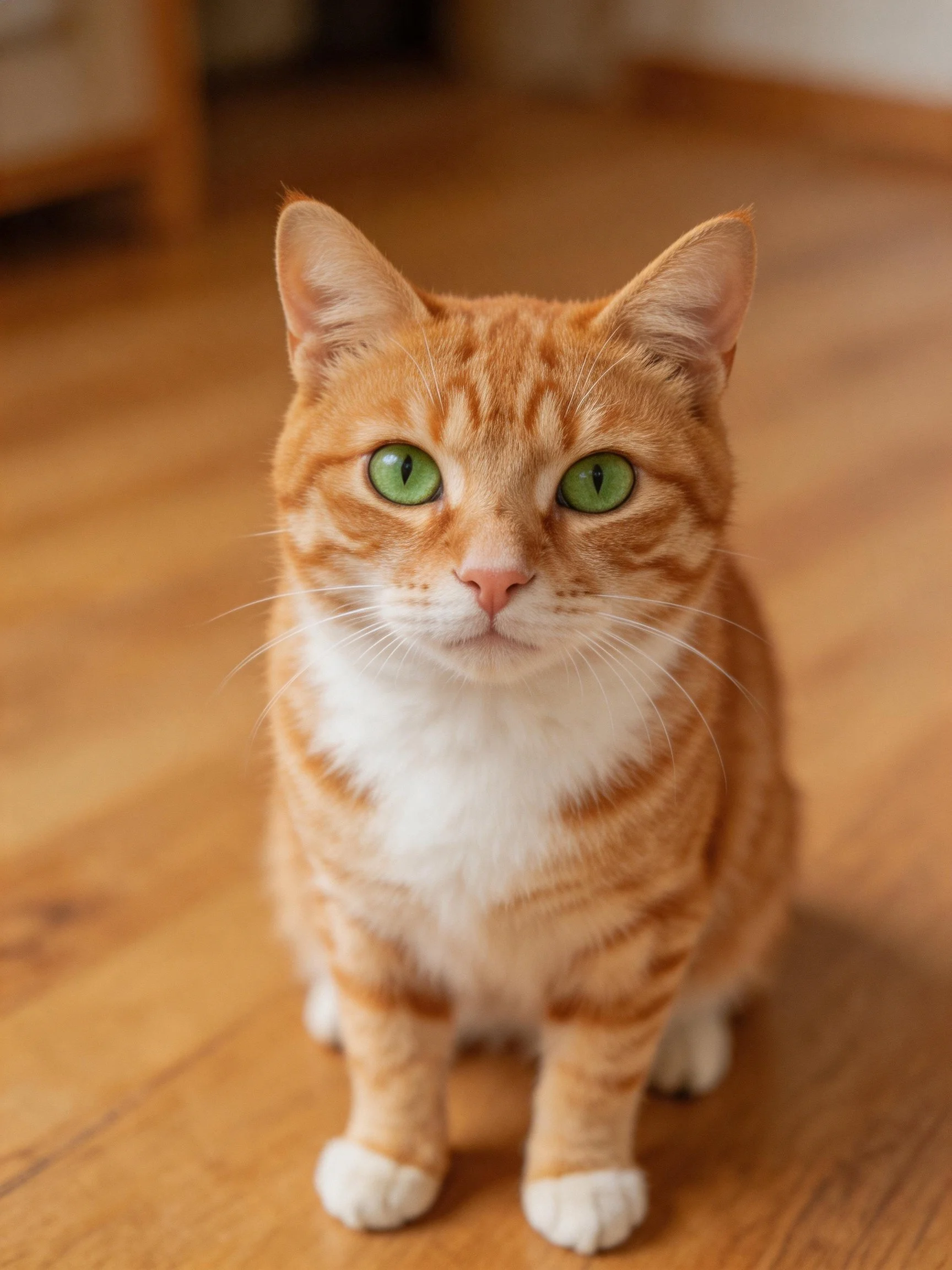 An orange tabby cat with green eyes sits calmly on a wooden floor.