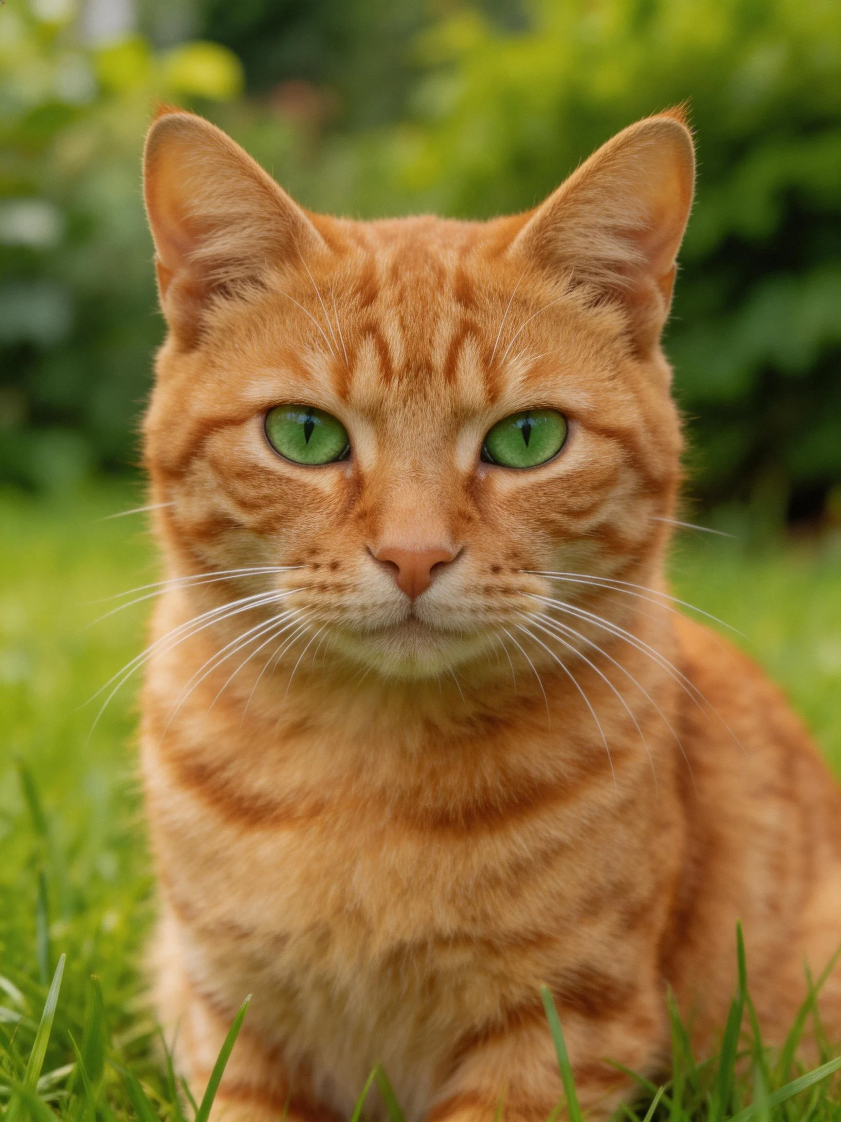 An orange tabby cat with green eyes sits on grass in a verdant setting