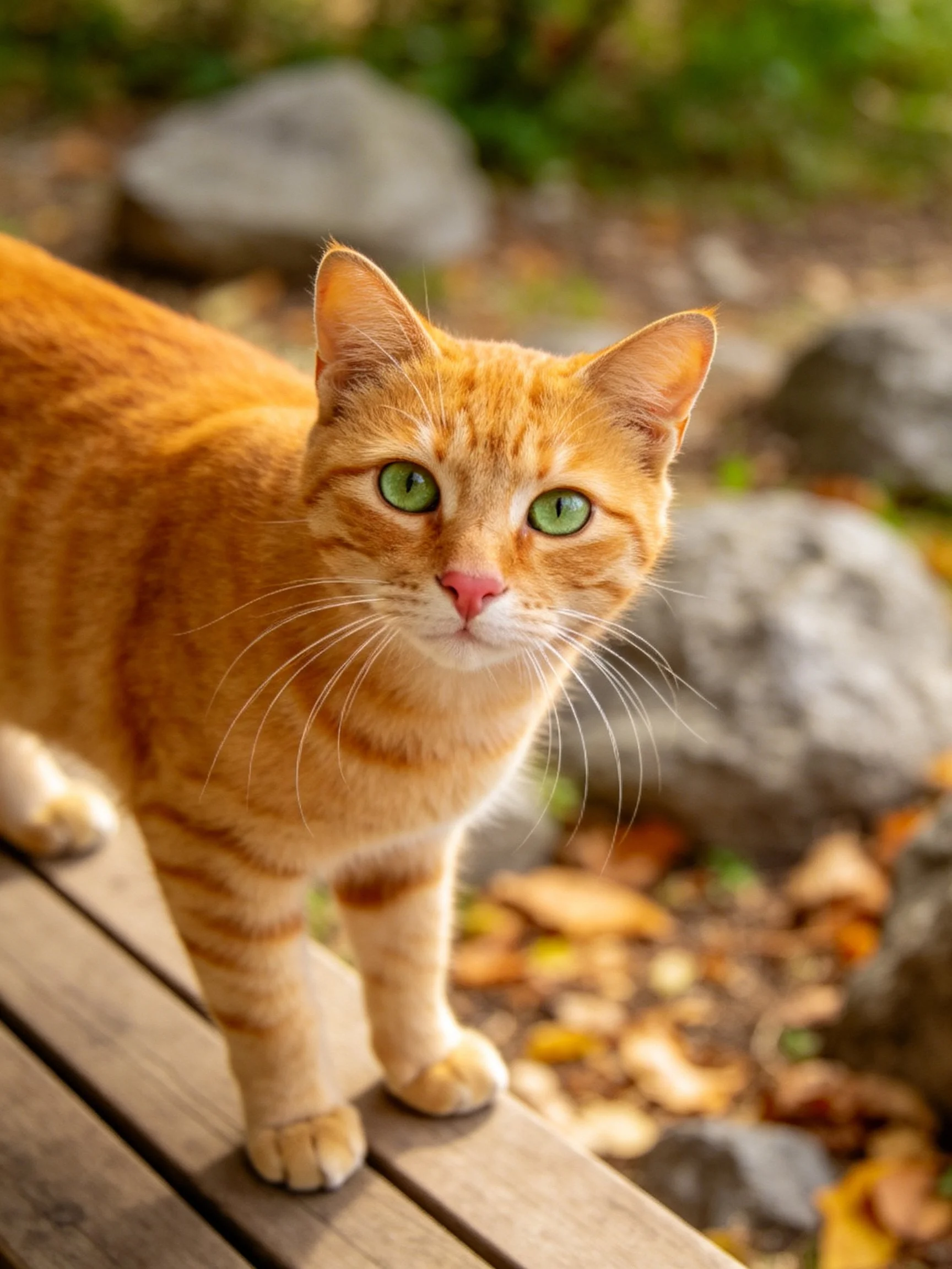 An orange tabby cat with green eyes stands on a wooden bench in a rocky, leaf-strewn outdoor area.