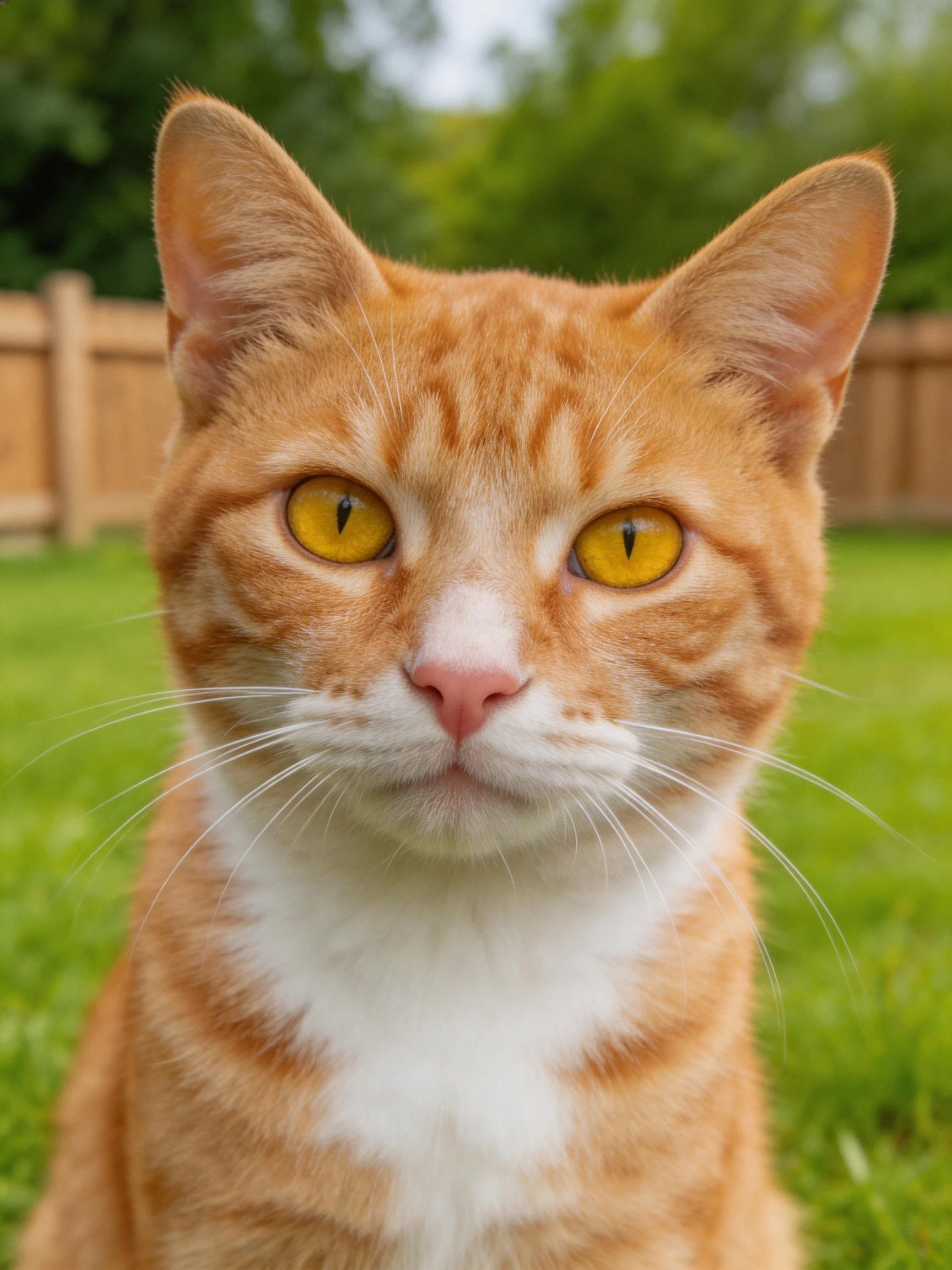 An orange tabby cat with yellow eyes is in a green yard.