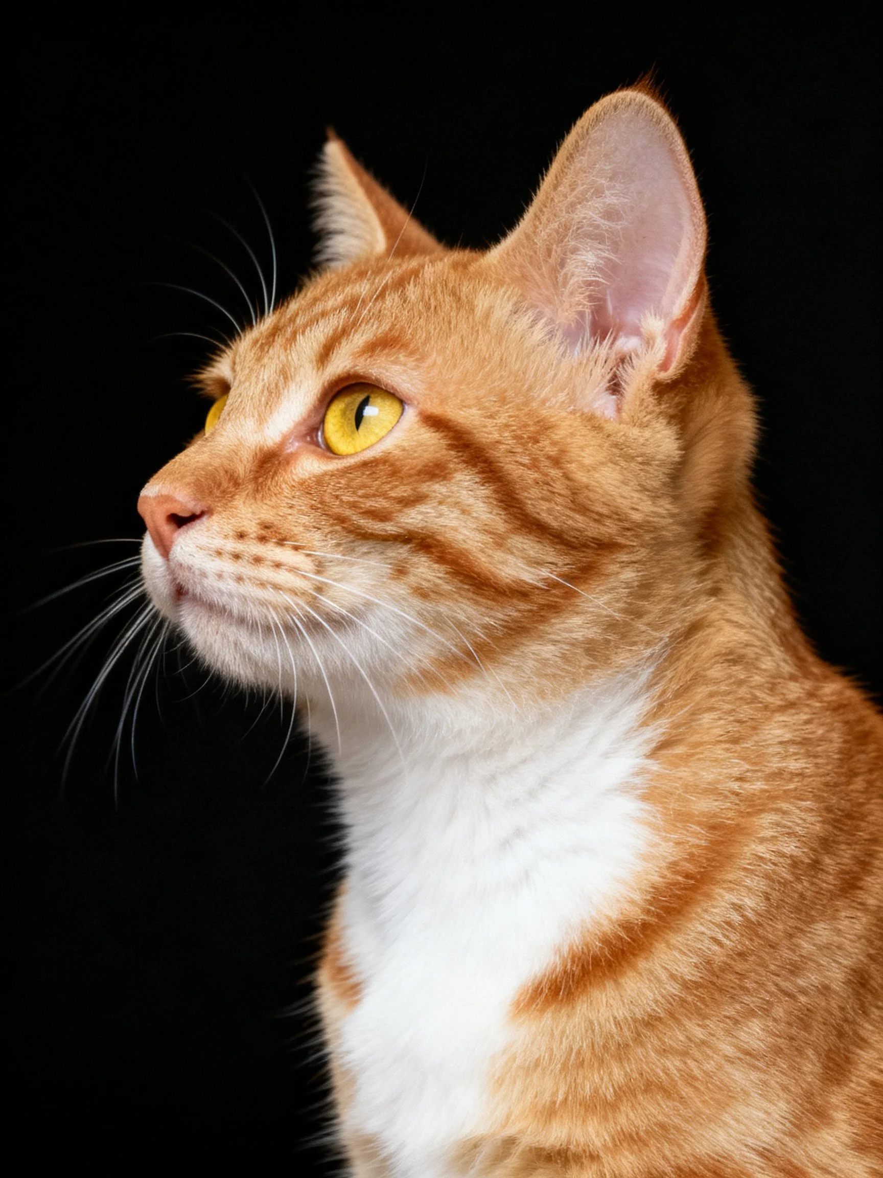 A close - up of an orange tabby cat with yellow eyes against a black backdrop.