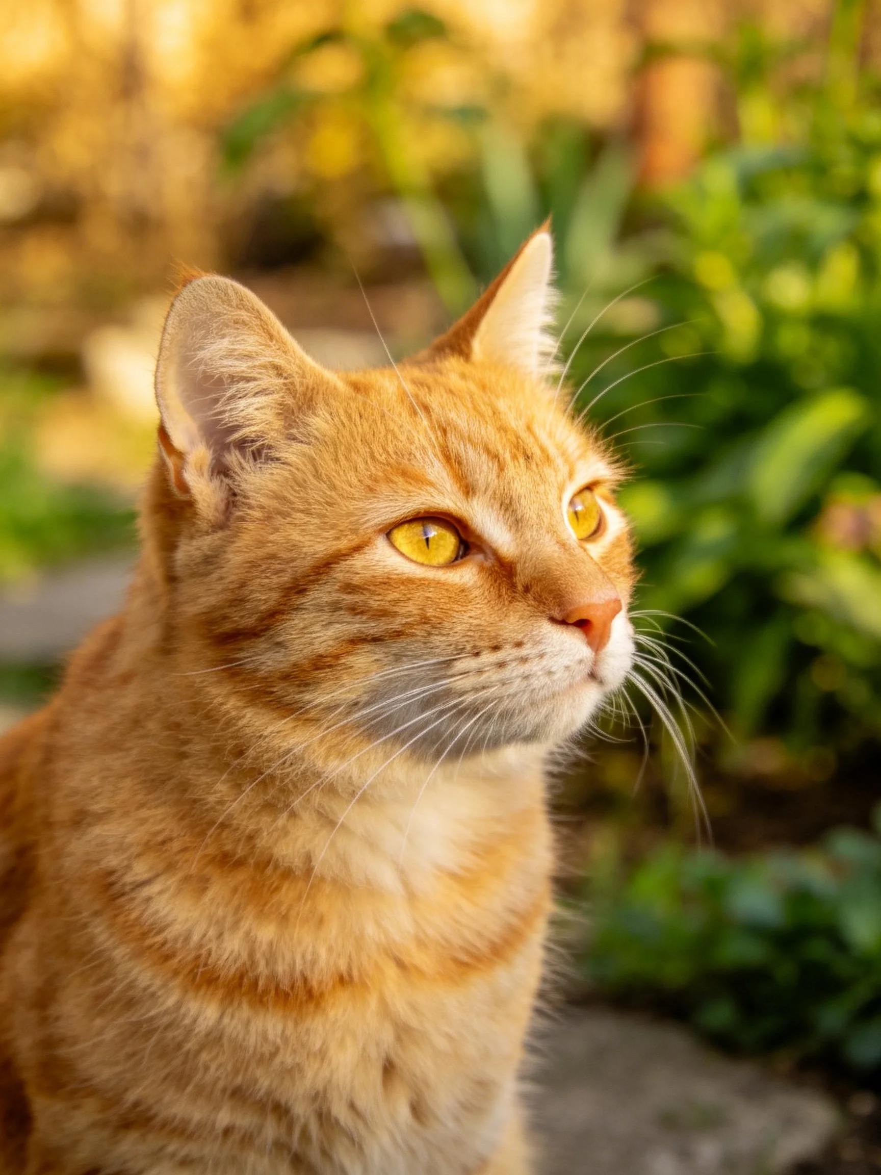An orange tabby cat looks alertly in a sunlit garden.