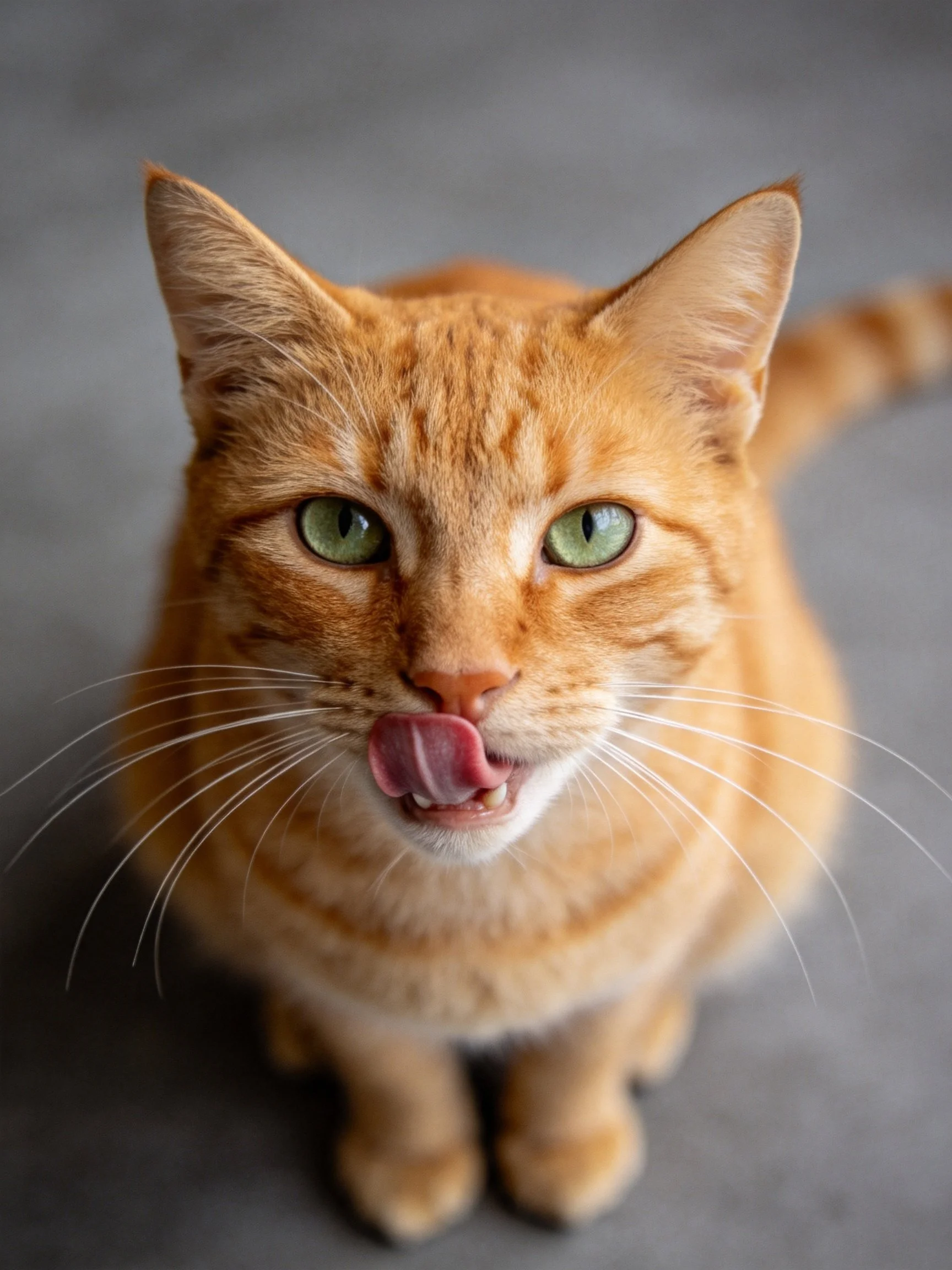 An orange tabby cat licks its mouth while looking upward.