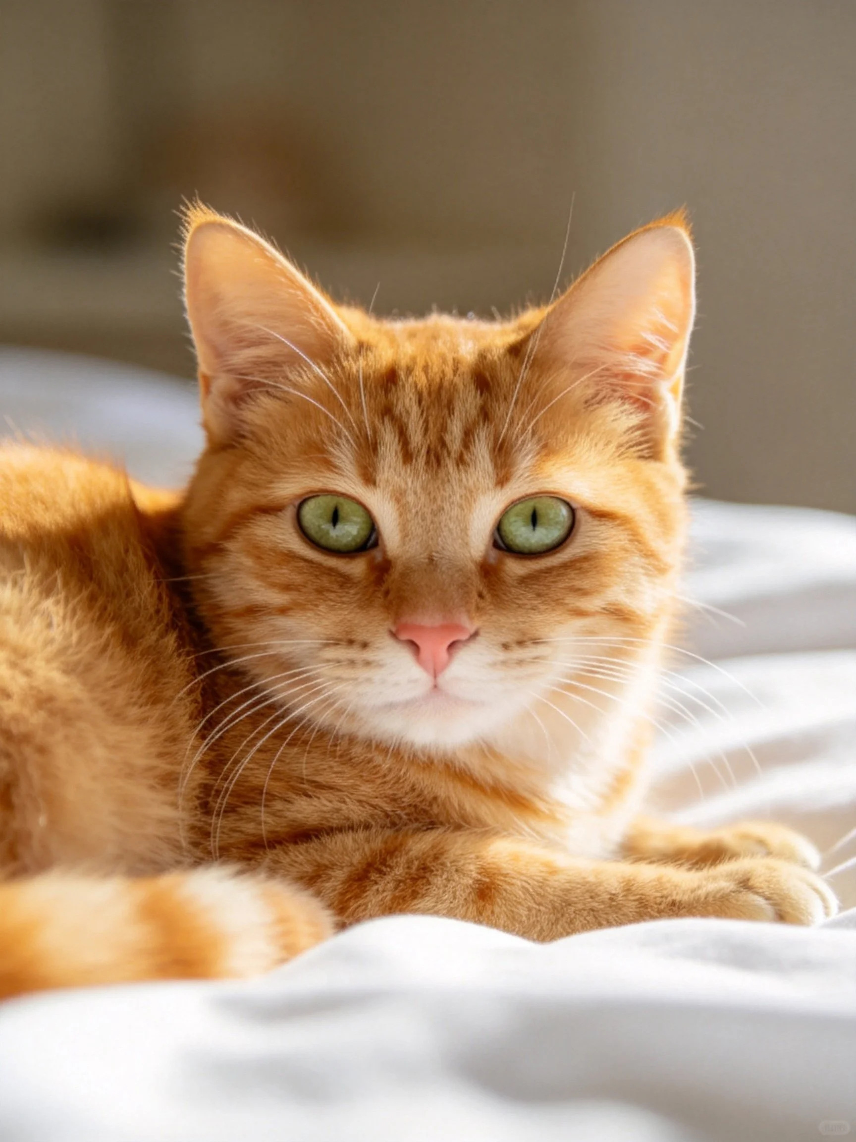 An orange tabby cat with green eyes relaxes on white bedding.
