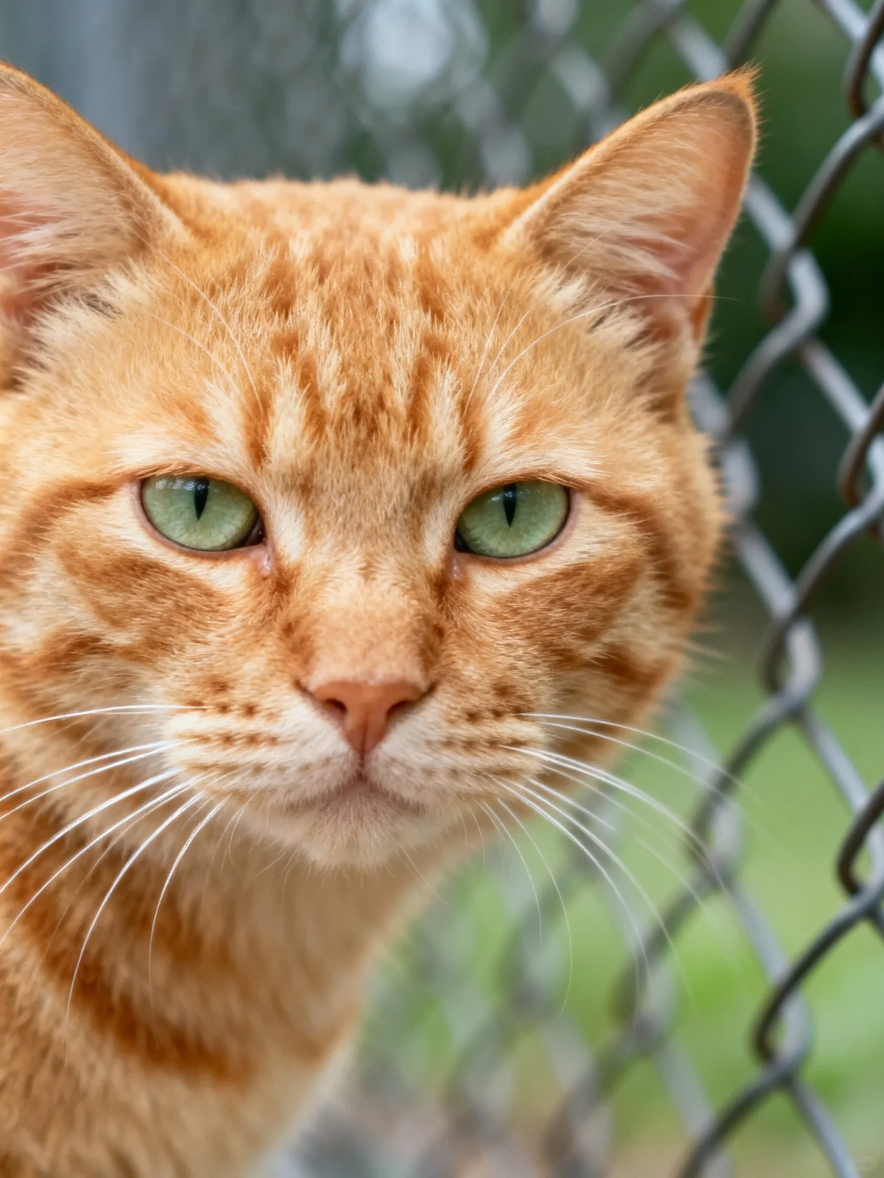 An orange tabby cat with green eyes is near a chain-link fence.