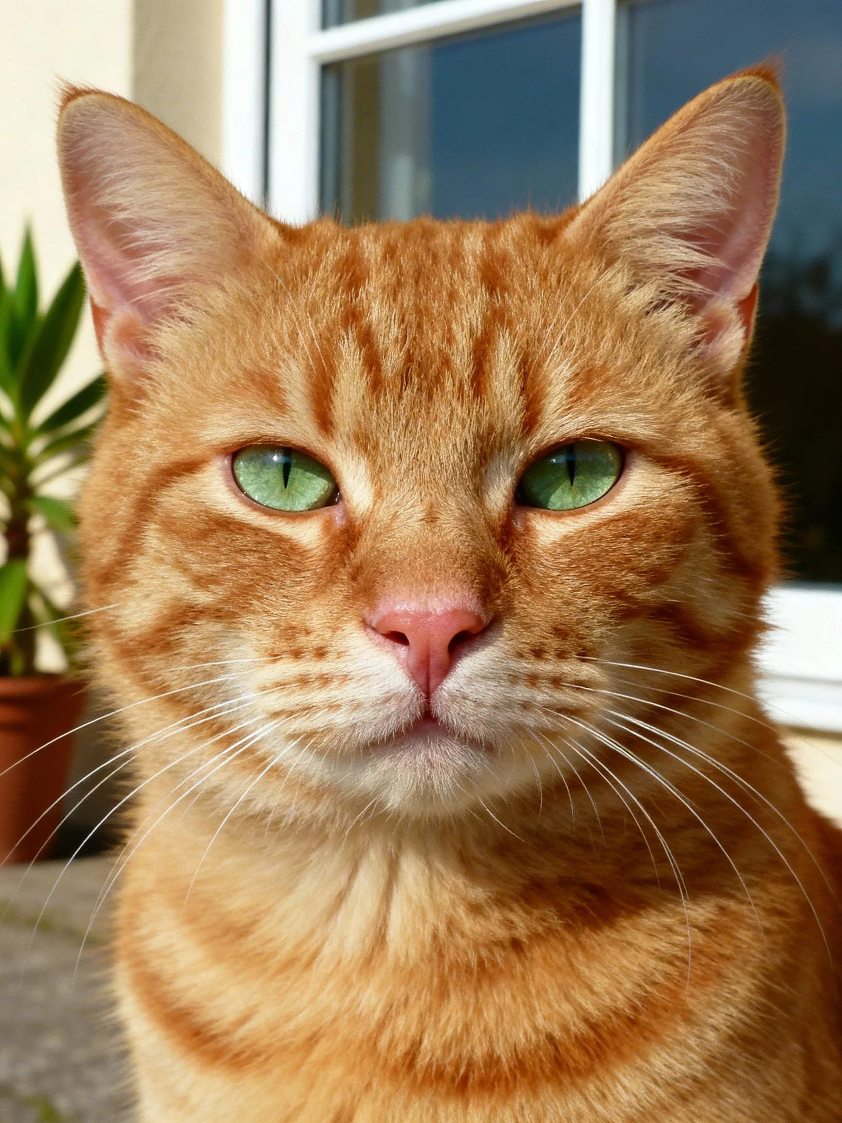 An orange tabby cat with green eyes is photographed near a window.