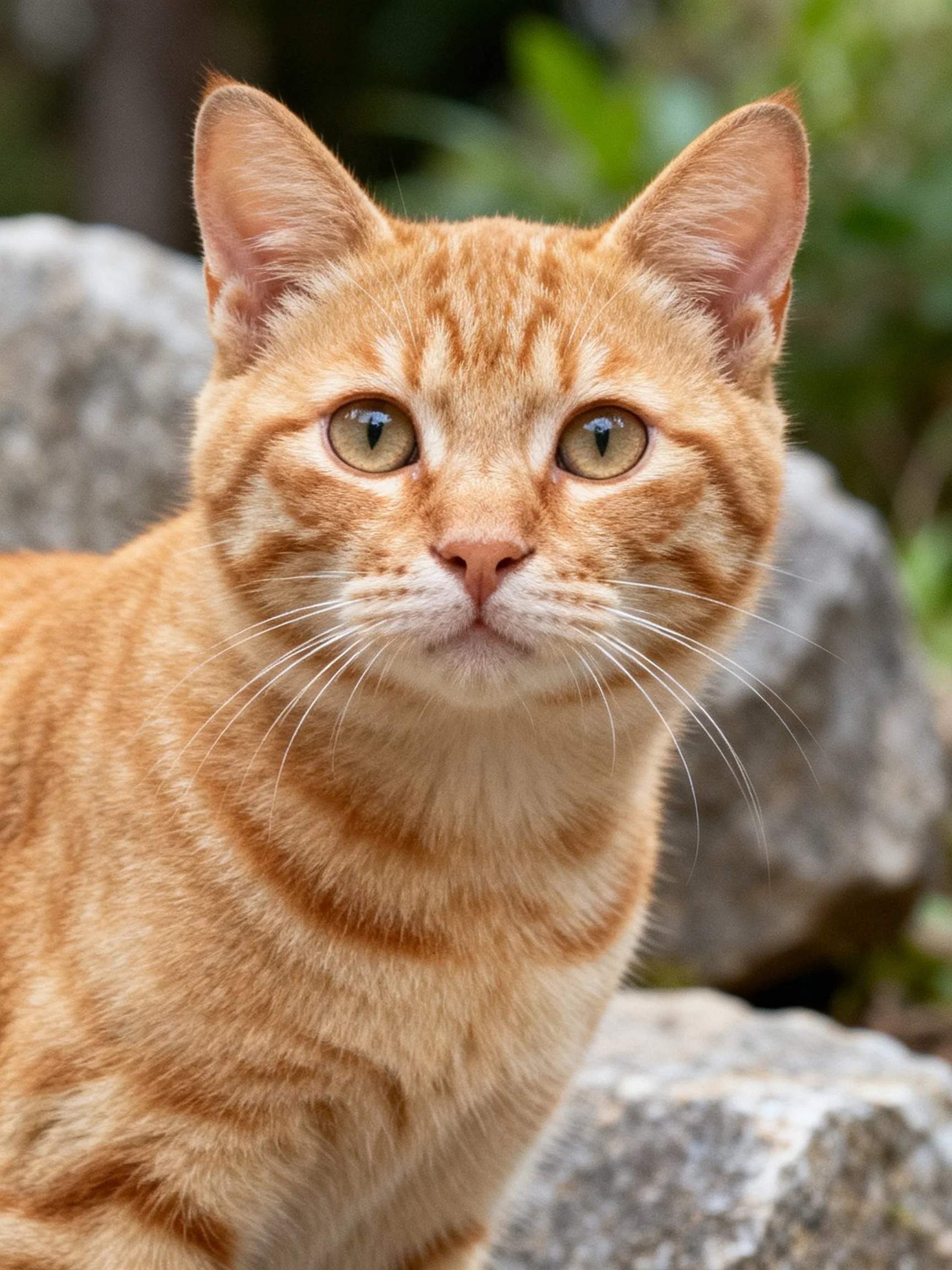 An orange tabby cat with green eyes sits near large rocks.