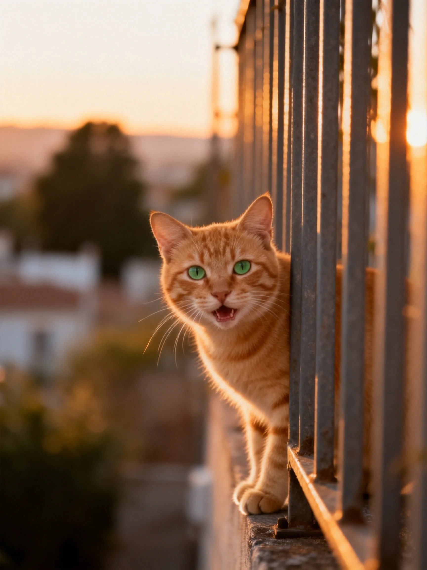 An orange tabby cat with green eyes peeks from a metal railing during sunset.