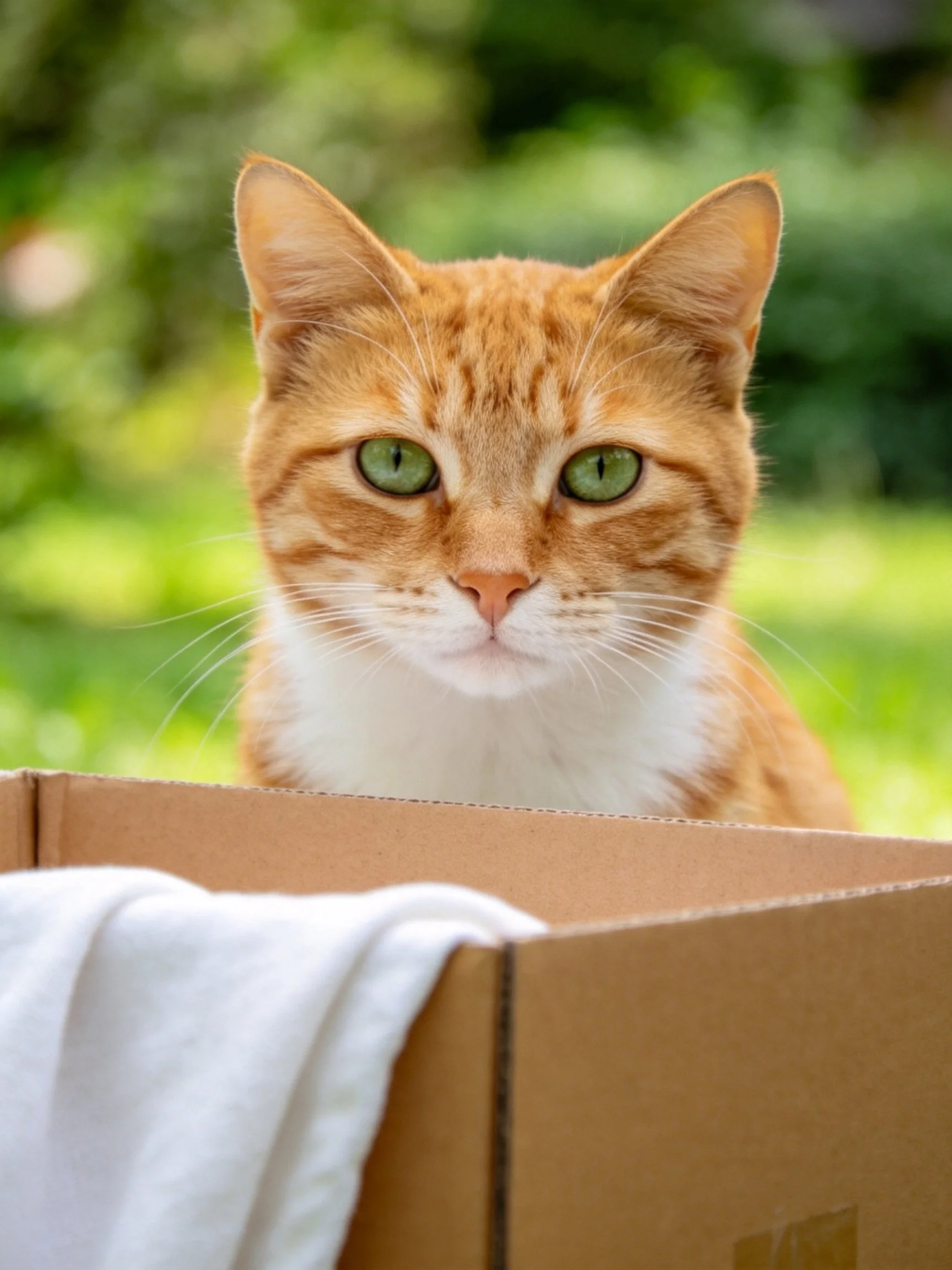 An orange tabby cat with green eyes sits inside a cardboard box in a sunny outdoor setting.