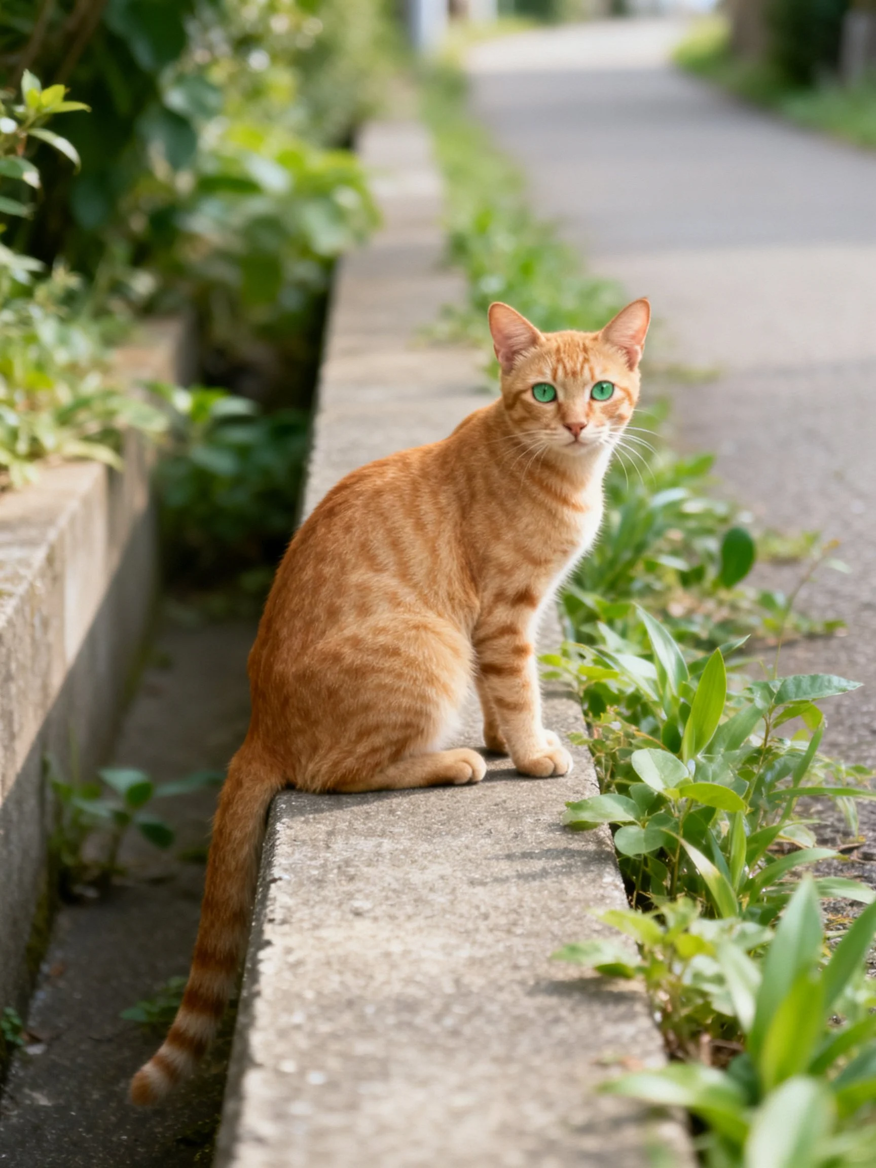 An orange tabby cat sits on a concrete ledge near vegetation.