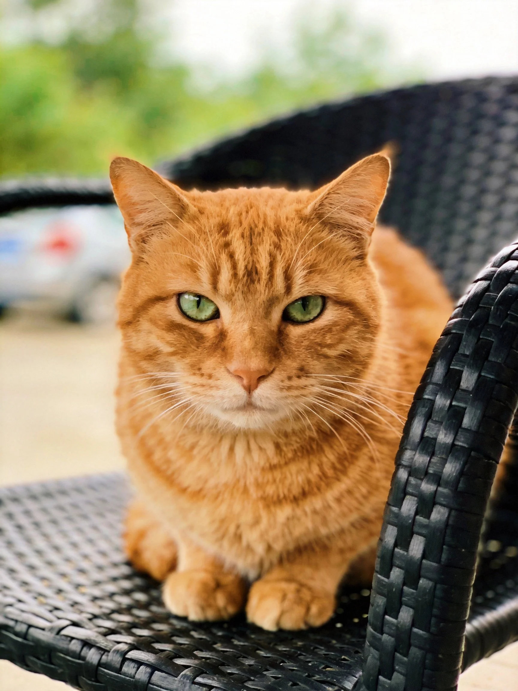 An orange tabby cat sits calmly on a black wicker chair outdoors.