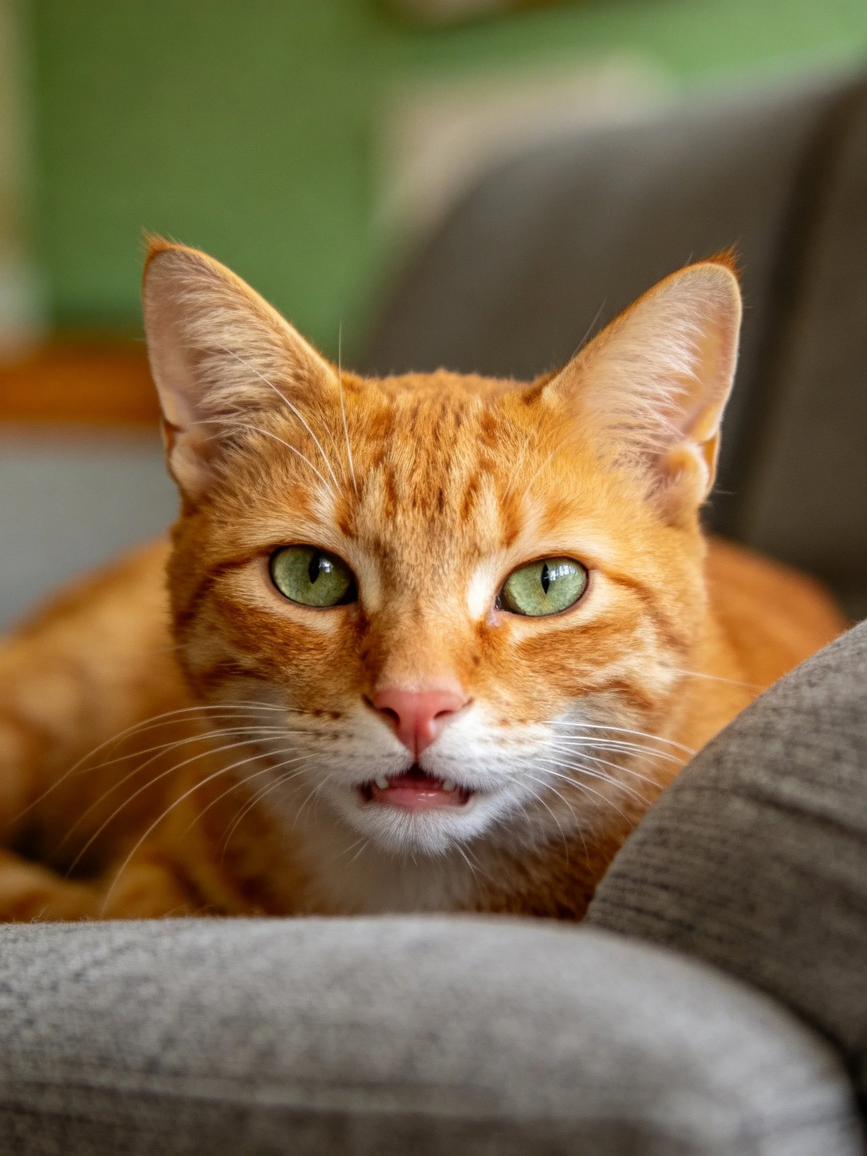 An orange tabby cat with green eyes rests on a gray couch.