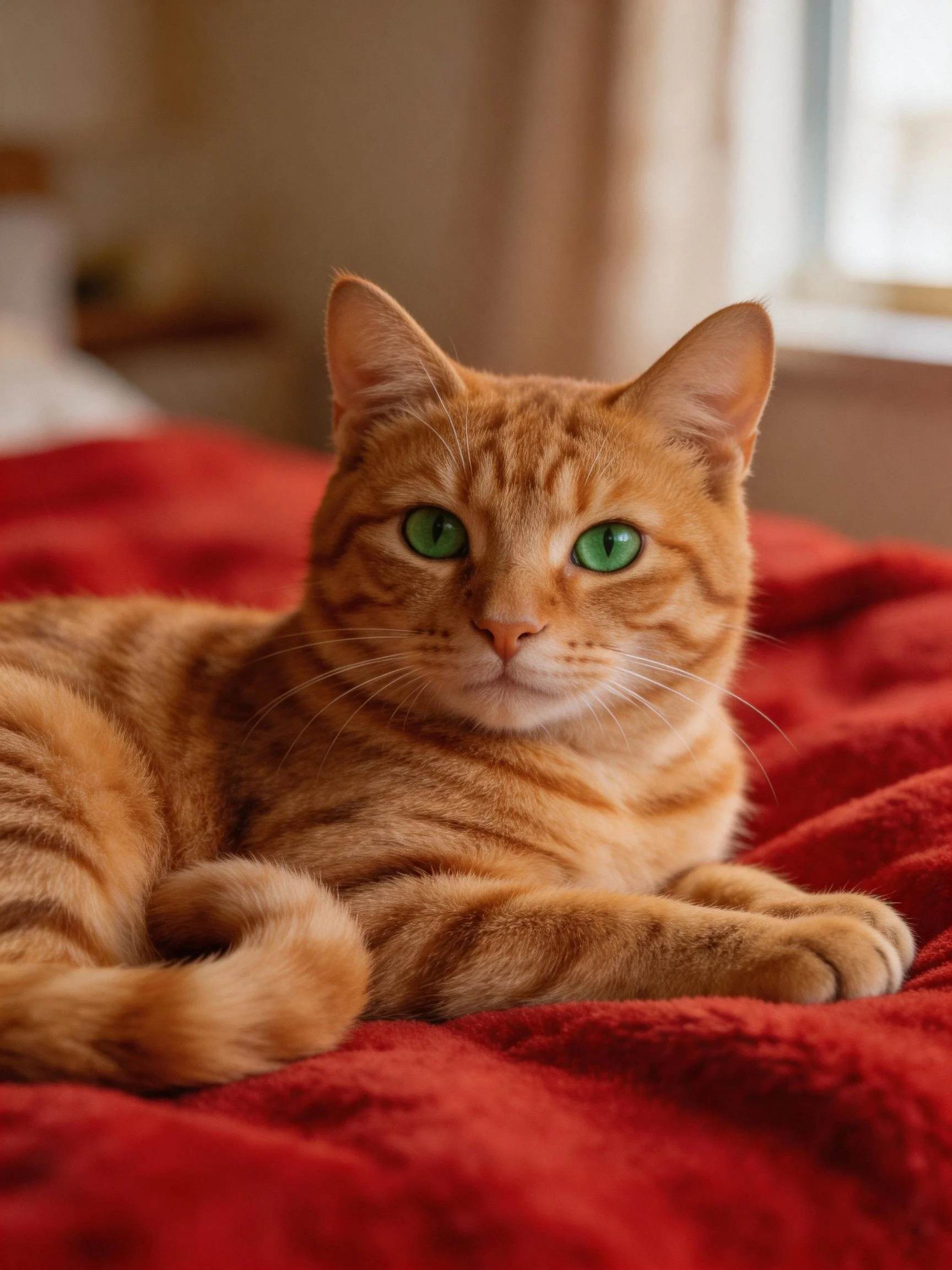 An orange tabby cat with green eyes rests calmly on a red blanket indoors.