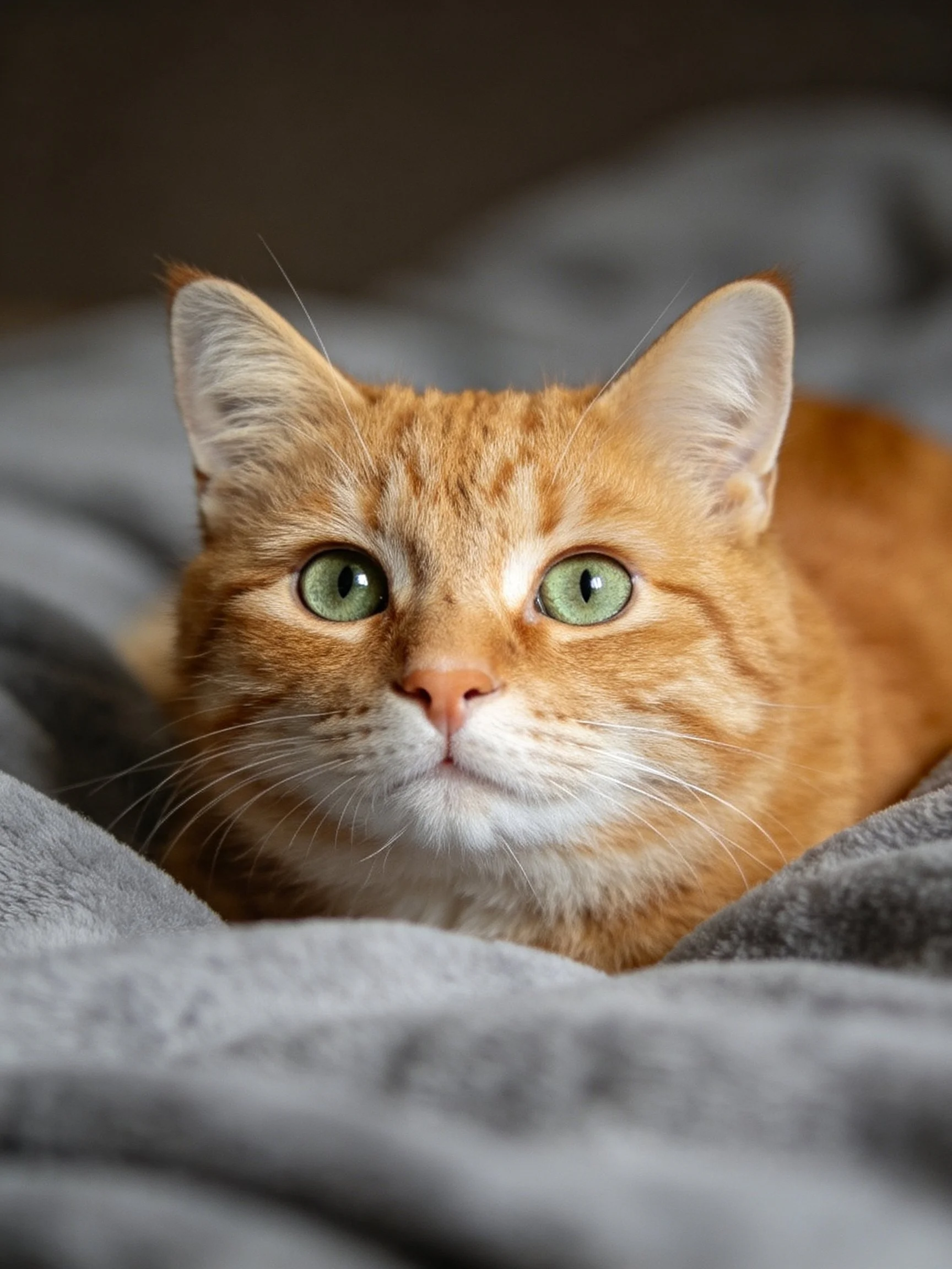 An orange cat with green eyes relaxes on a soft grayblanket