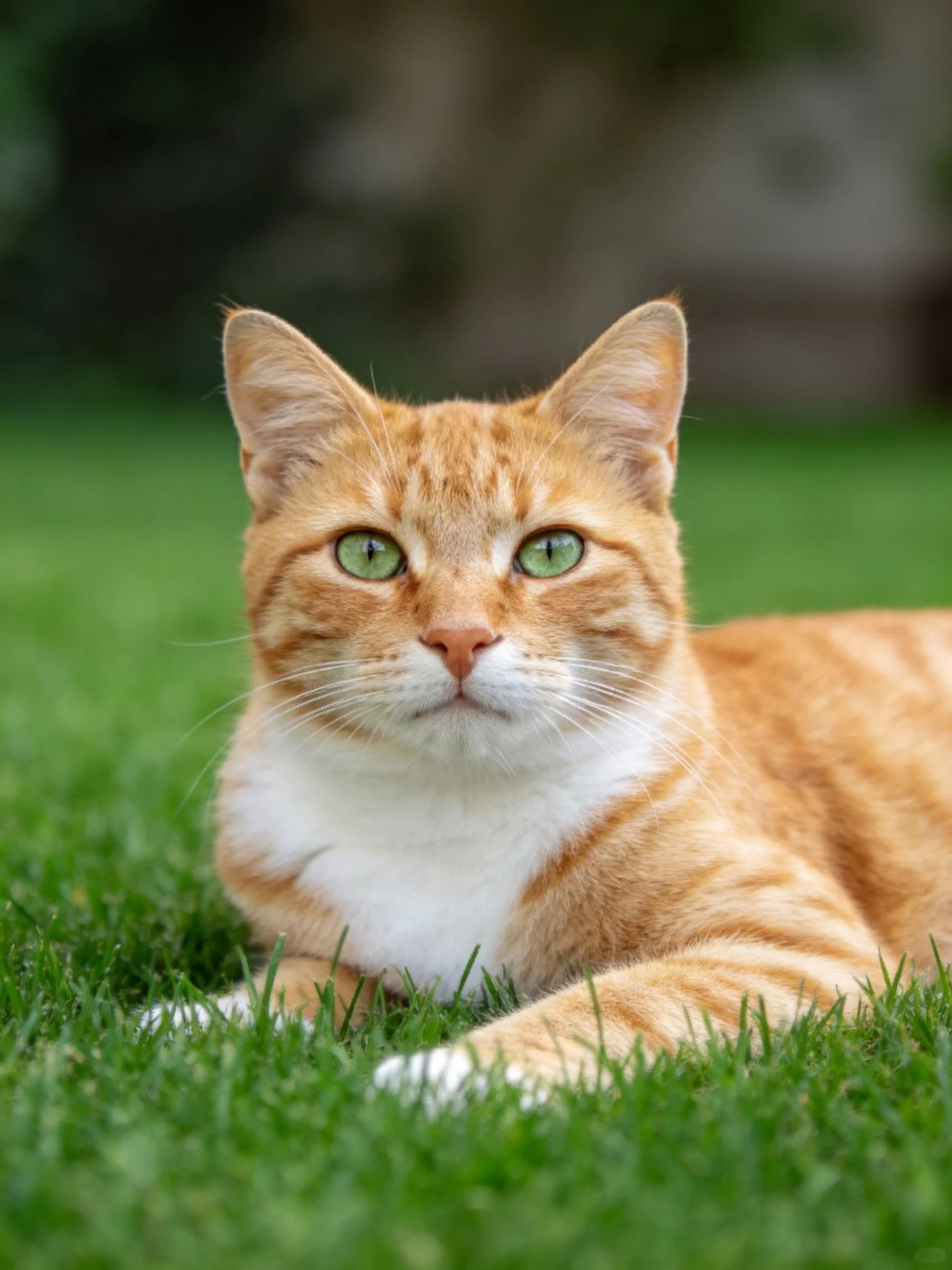An orange tabby cat with green eyes lies on green grass.