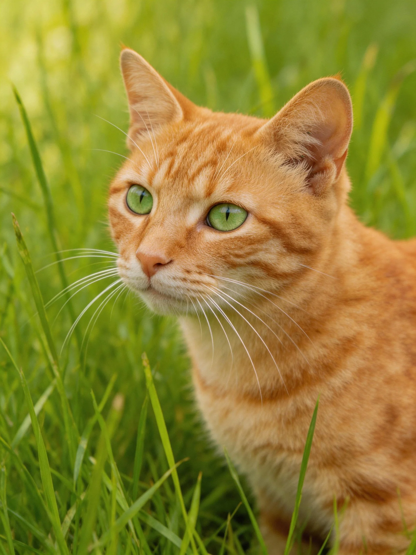 An orange tabby cat with green eyes is nestled in green grass