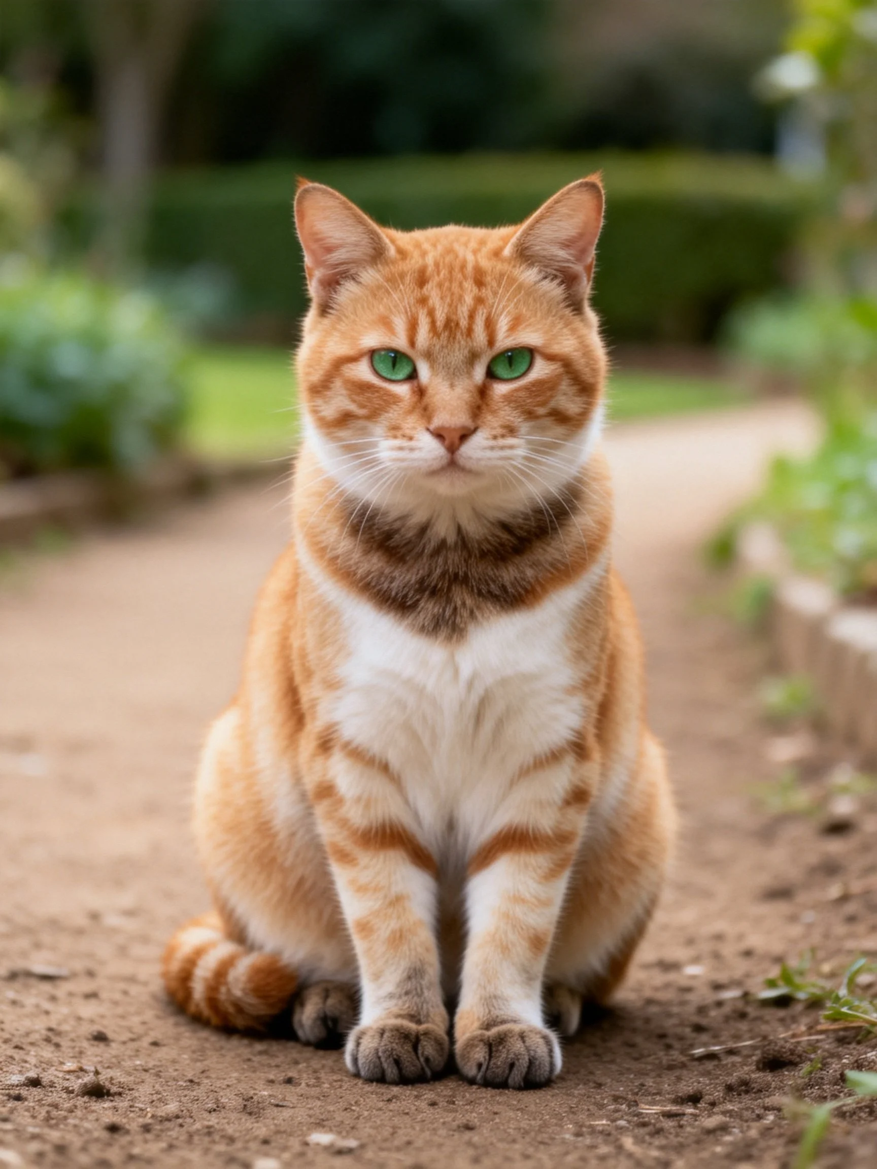 An orange tabby cat with green eyes sits calmly on a dirt path.