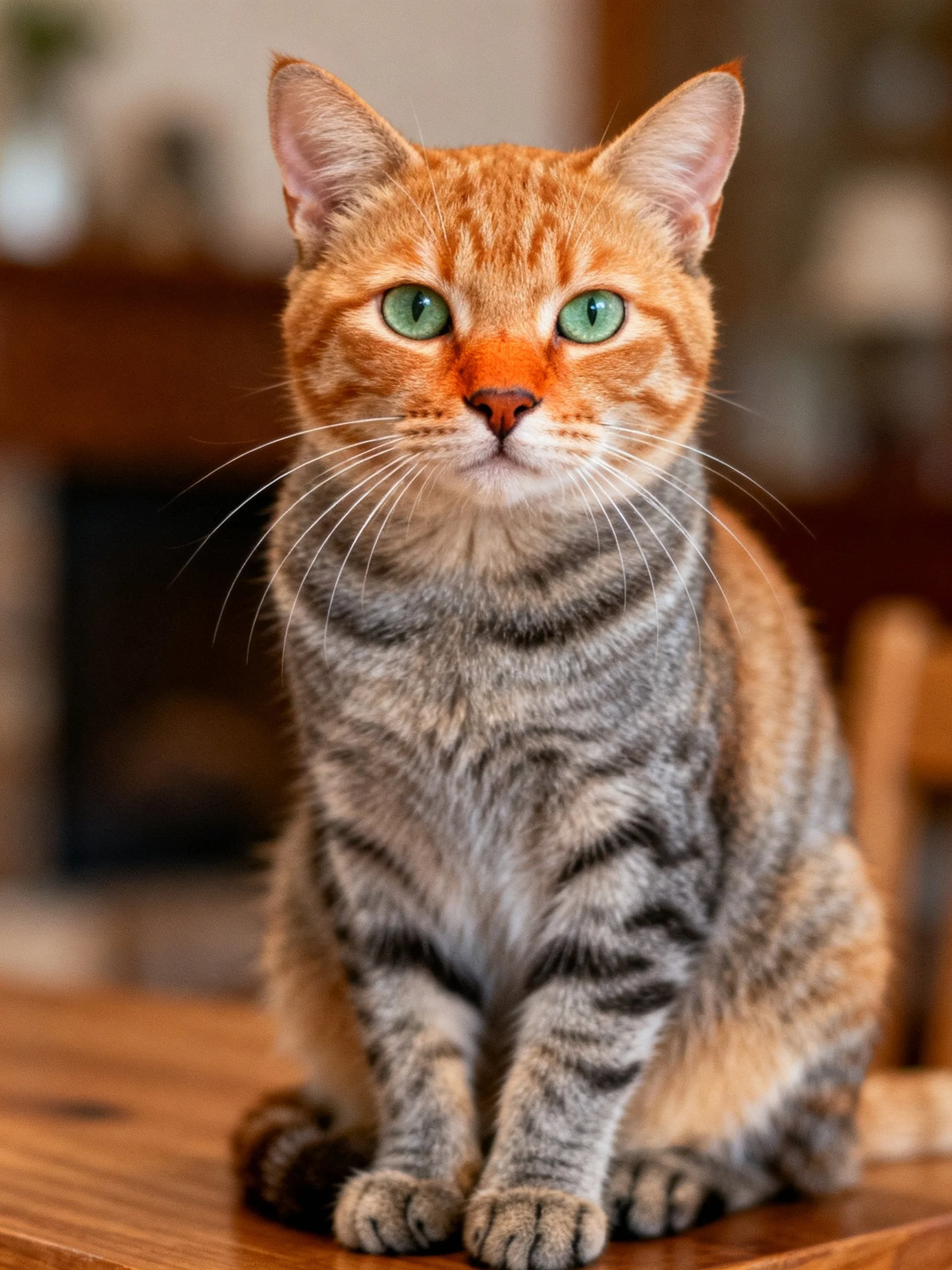 An orange tabby cat with striking green eyes rests on a wooden surface.