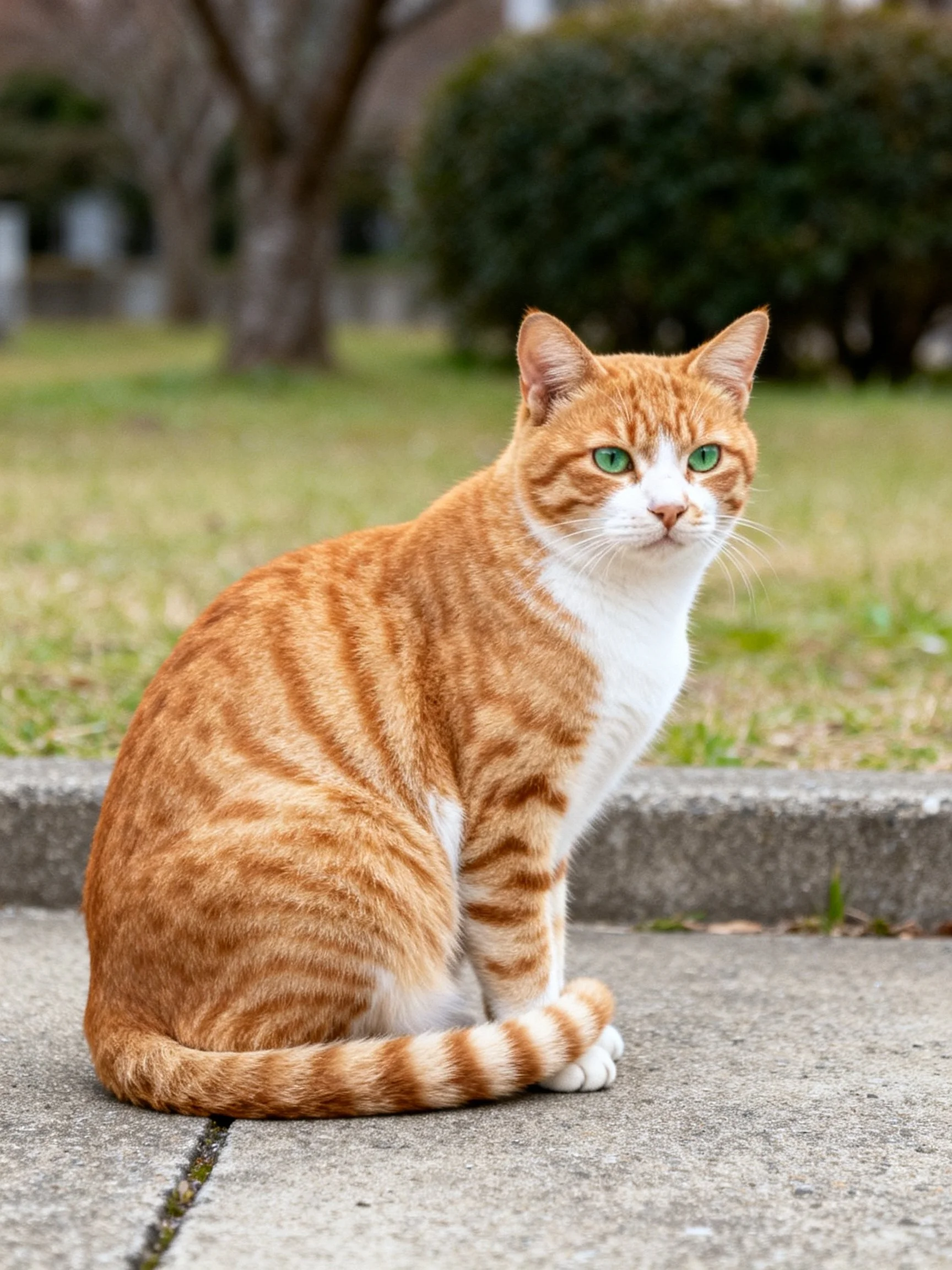 An orange tabby cat with green eyes sits on concrete near grass.