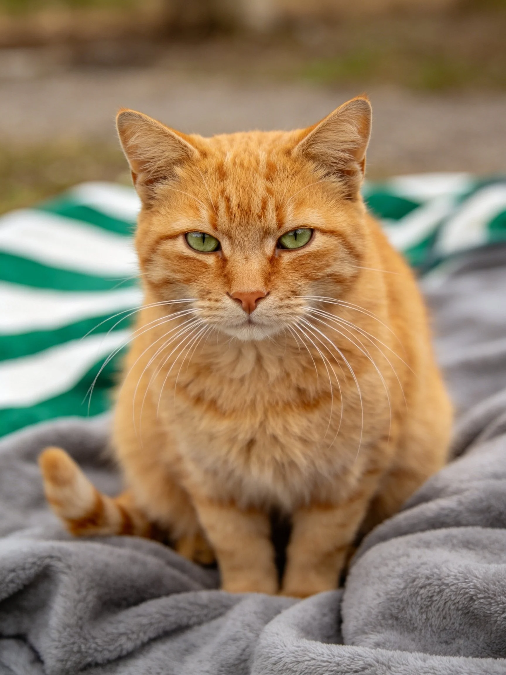 An orange tabby cat rests on blankets in an outdoor setting