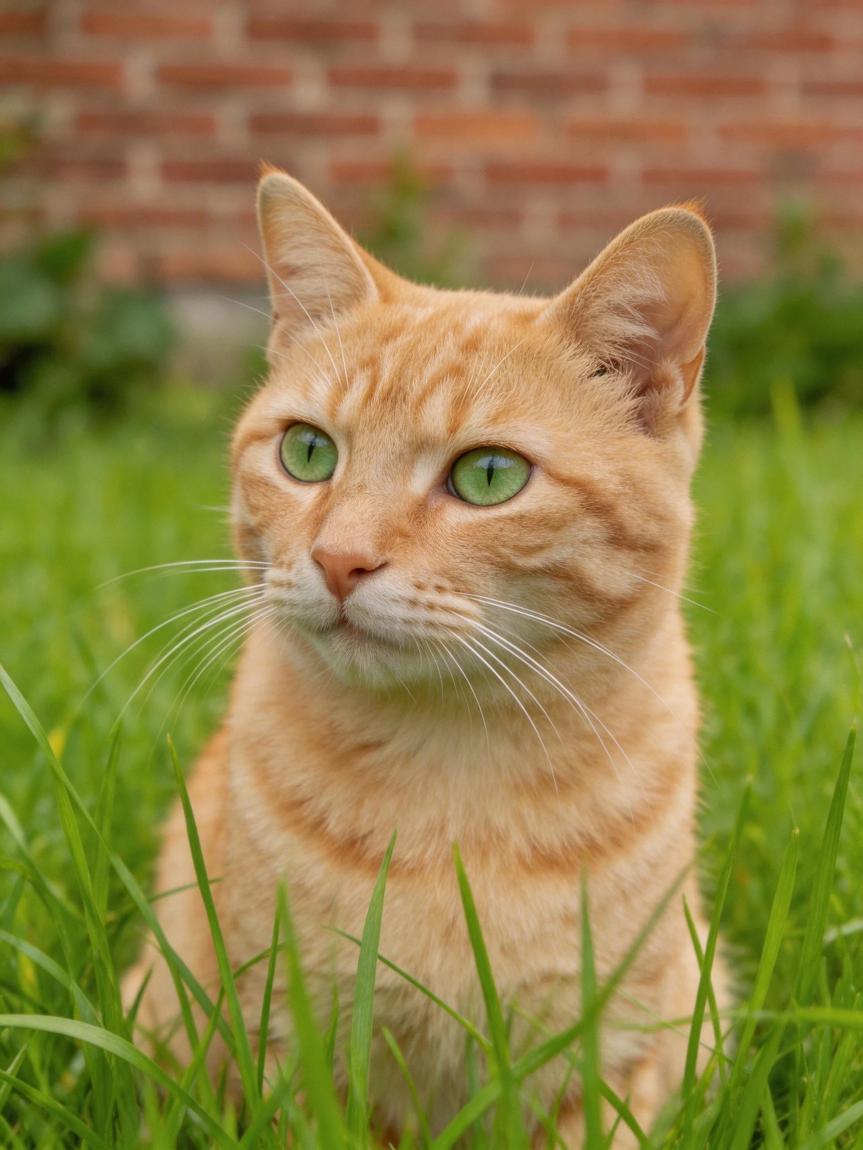 An orange tabby cat with green eyes sits in grass next to a brick wall.