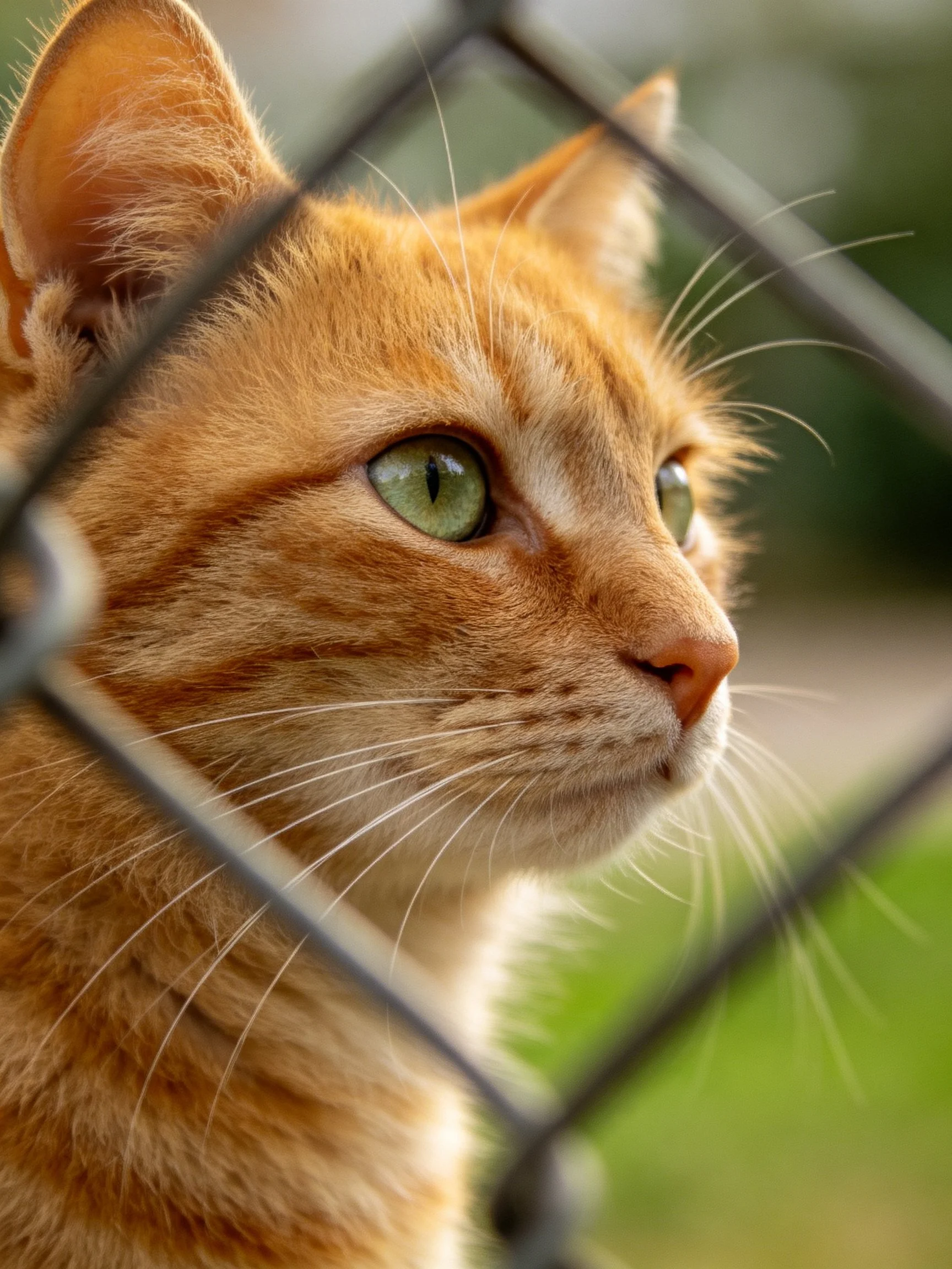 An orange tabby cat with green eyes is viewed through a chain-link fence.