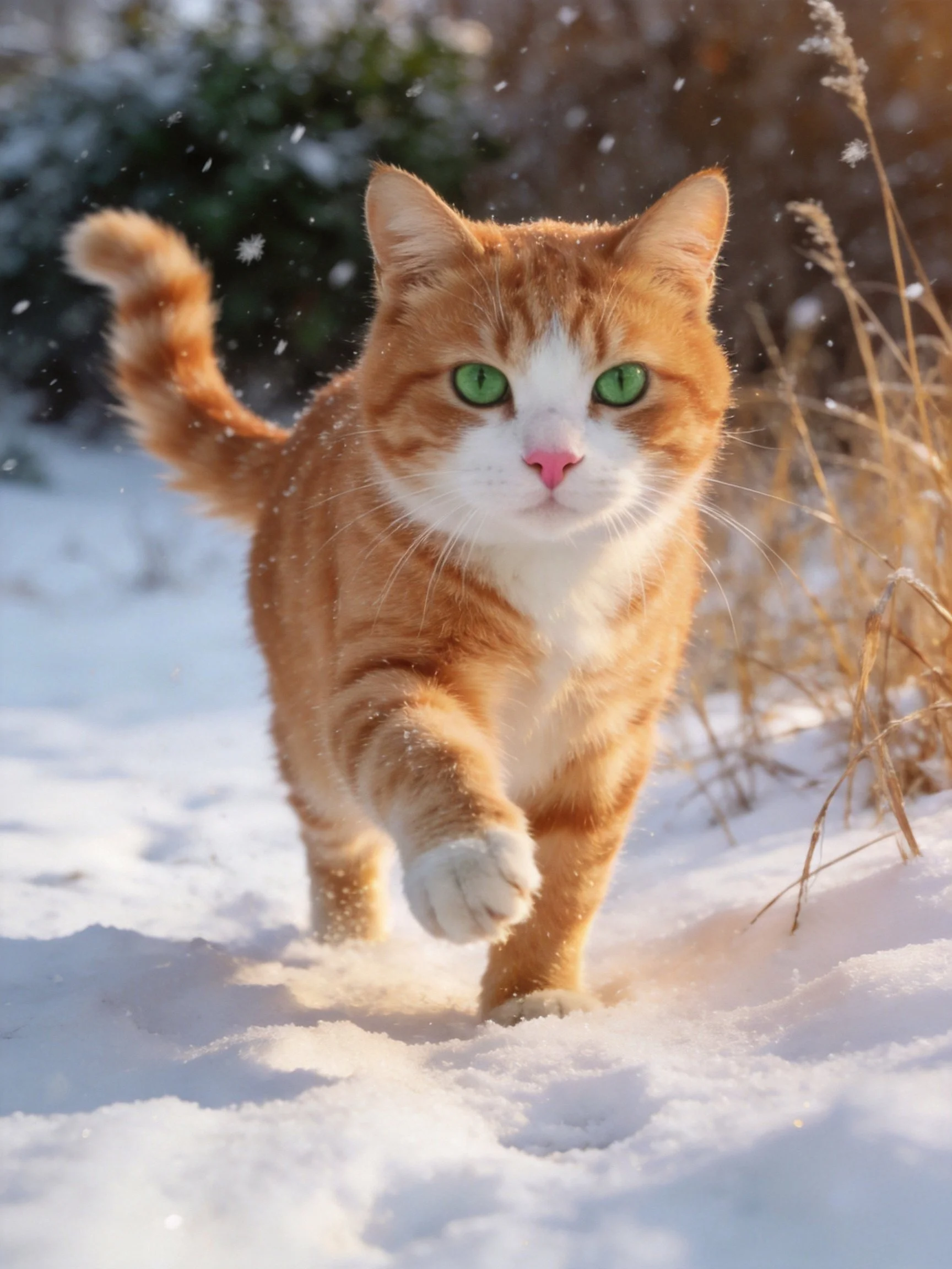 An orange tabby cat walks through snow in a wintry outdoor setting.