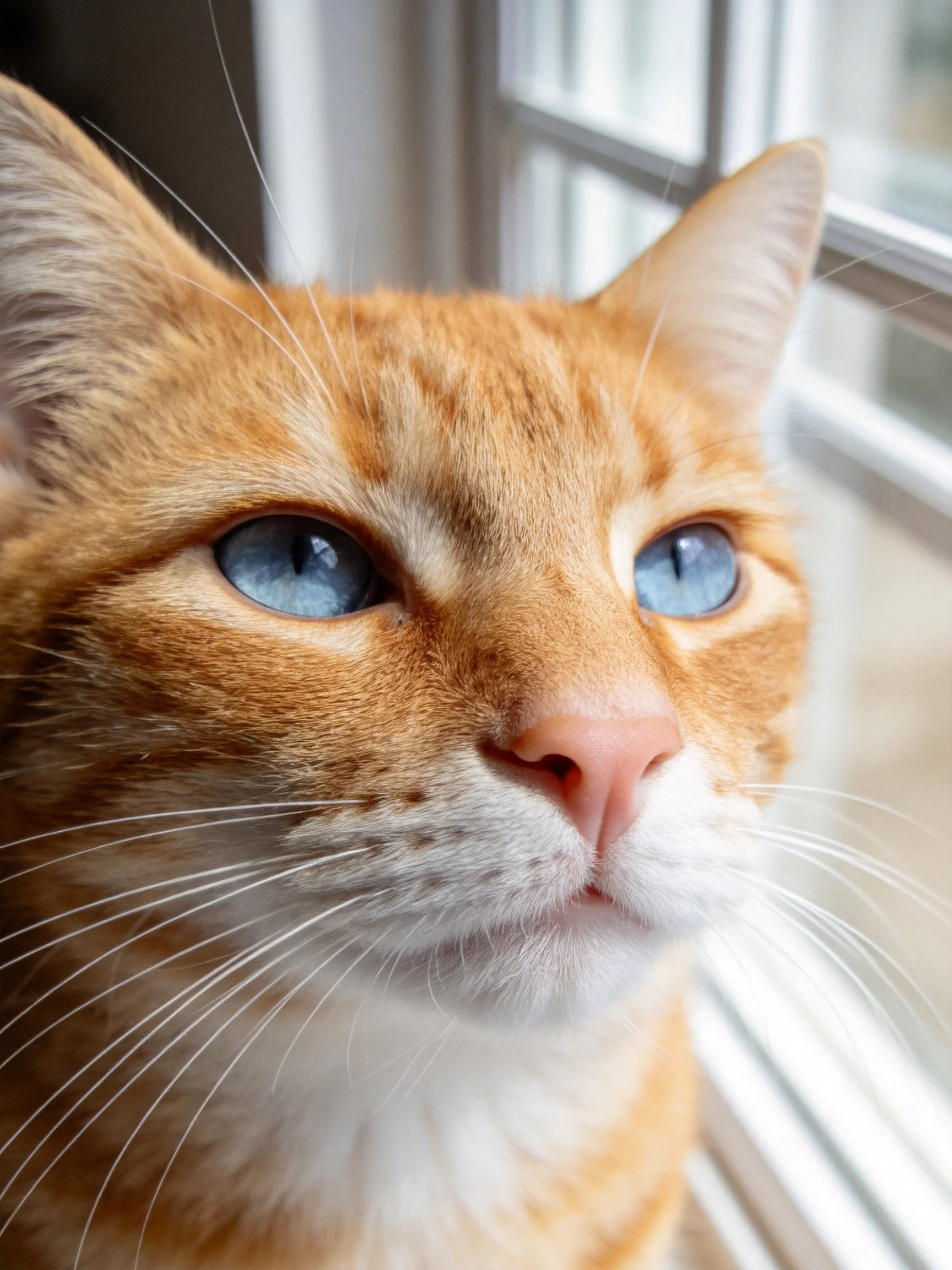An orange tabby cat with blue eyes rests near a window.