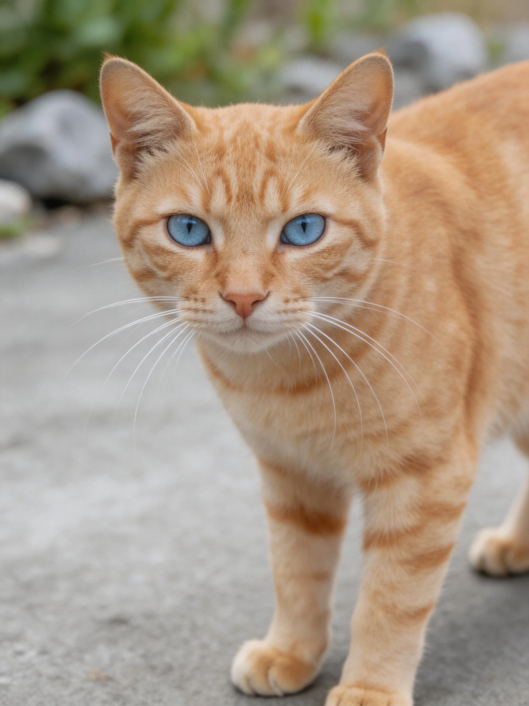 An orange tabby cat with striking blue eyes standing outdoors