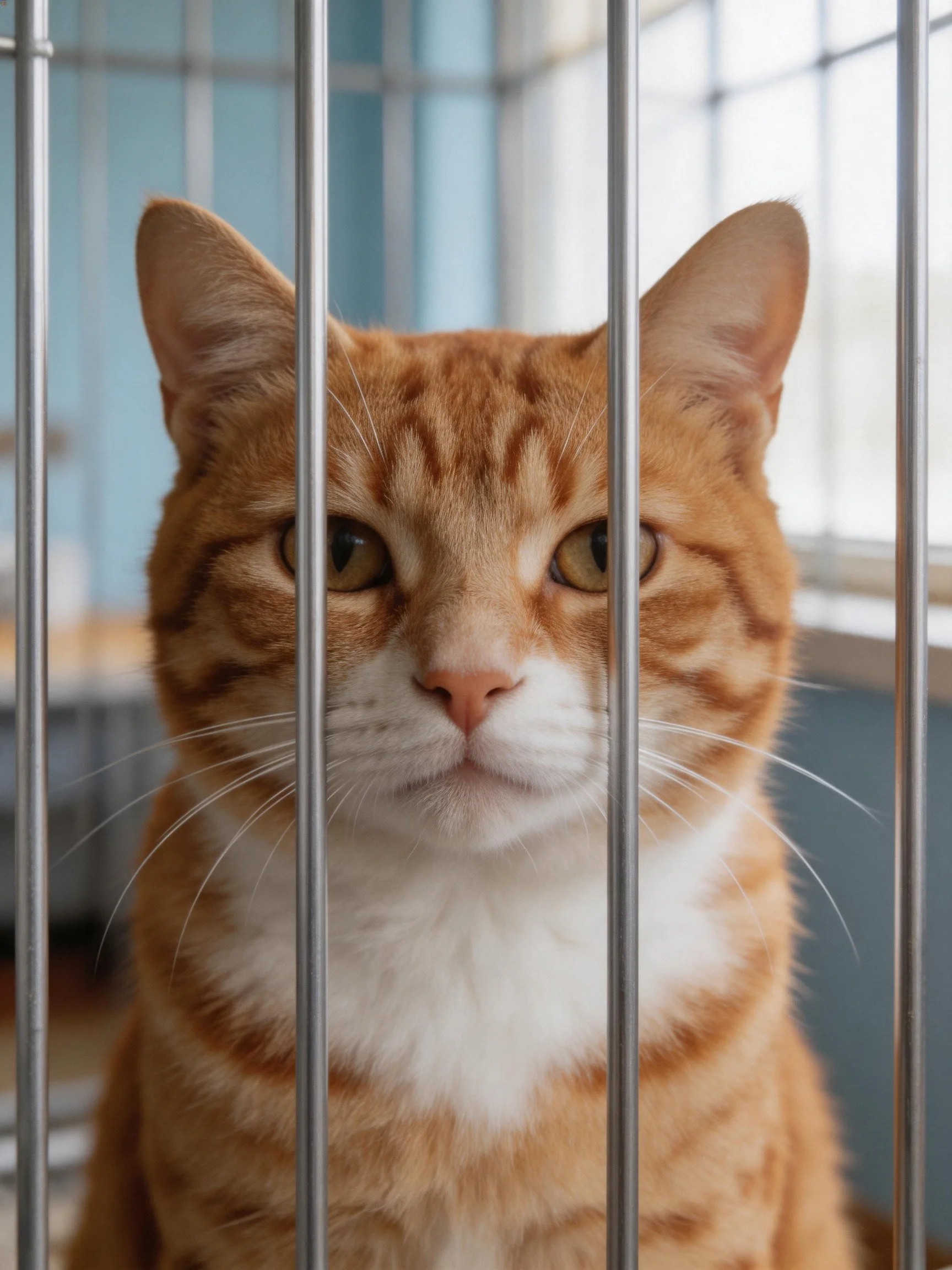 An orange tabby cat with white chest sits behind metal bars.
