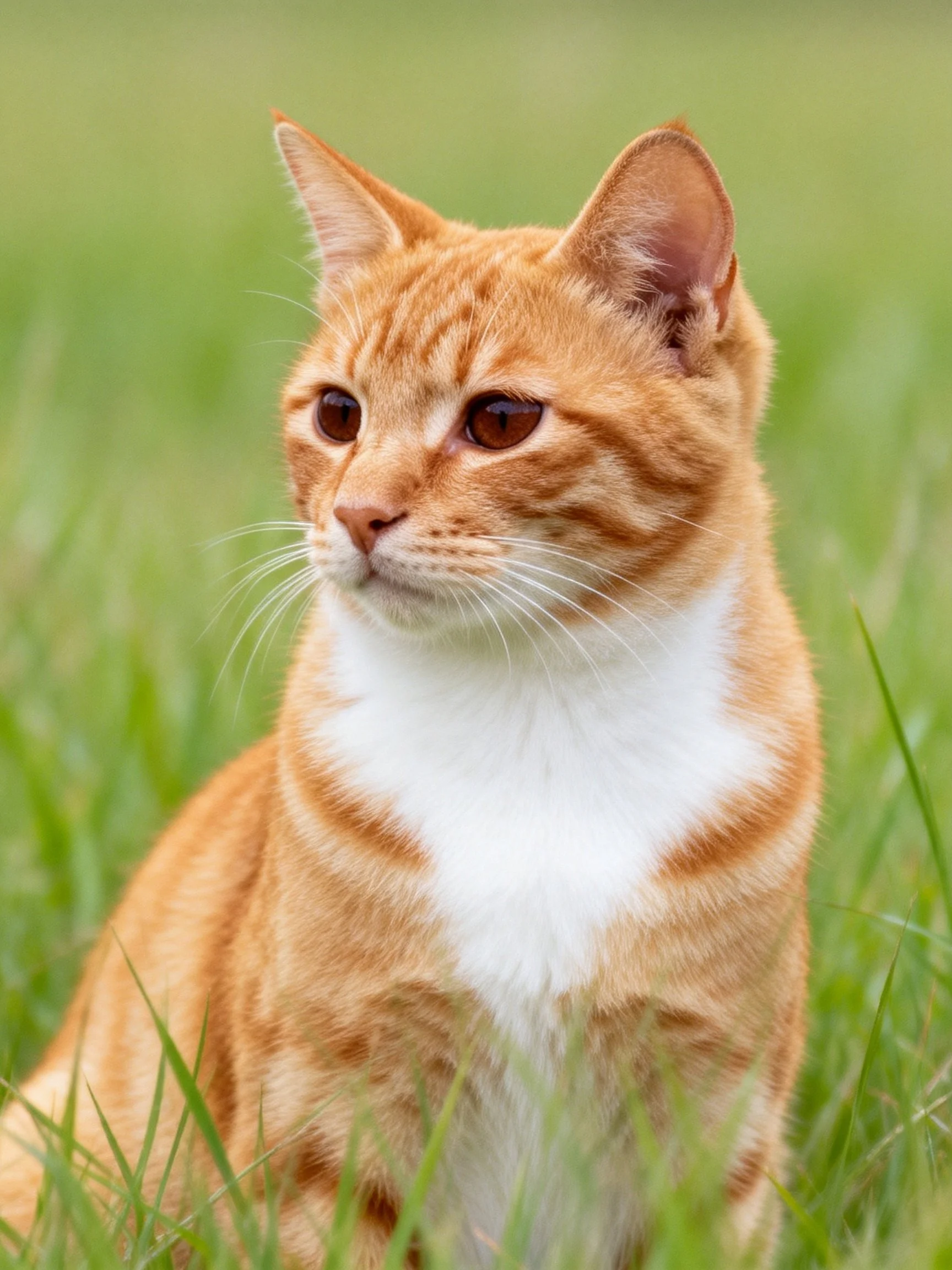 An orange tabby cat with white chest sits calmly among tall green grass.