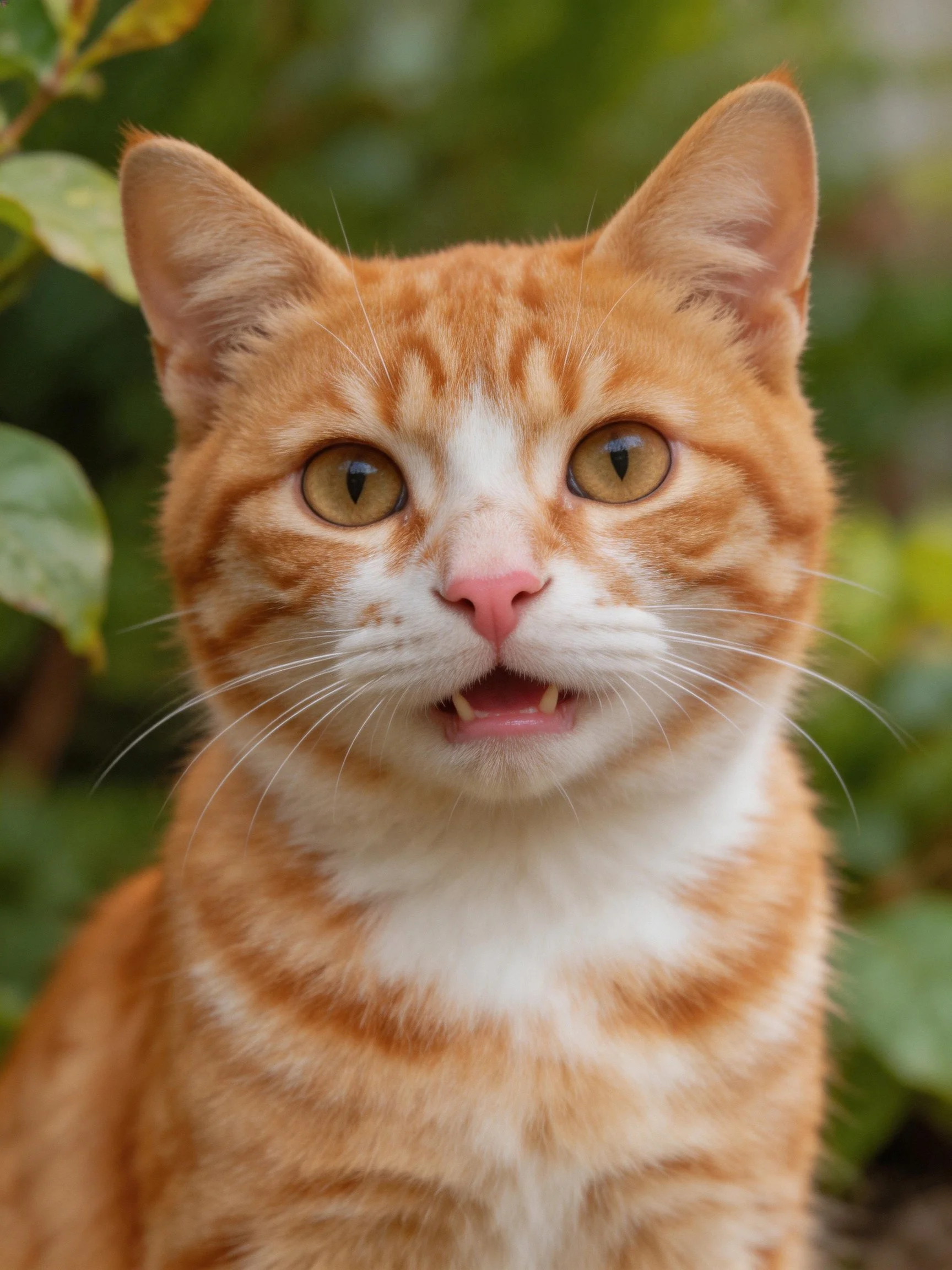 An orange tabby cat with white markings is photographed outdoors near green foliage.