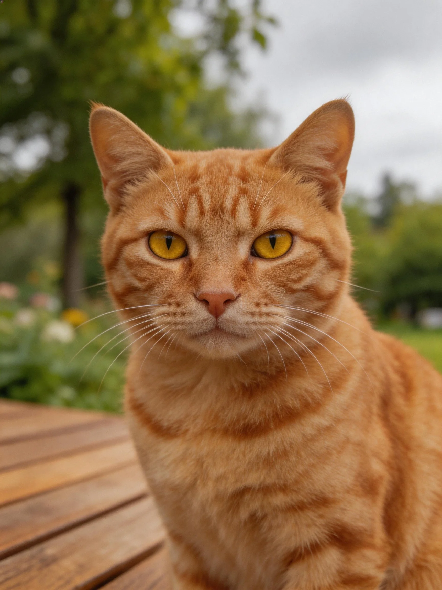 An orange tabby cat with yellow eyes sits calmly in an outdoor setting.