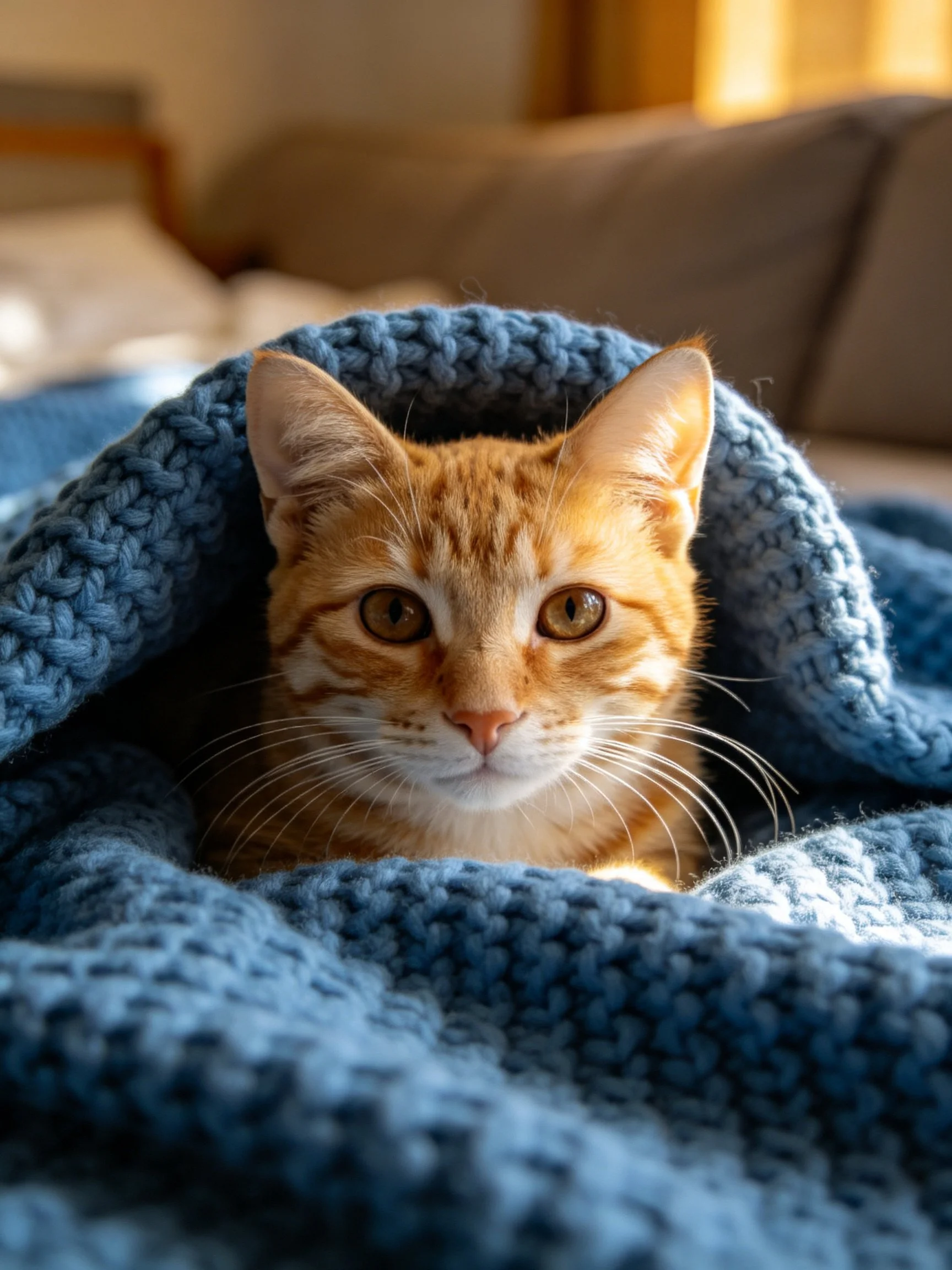 An orange tabby cat wrapped in a chunky blue knit blanket