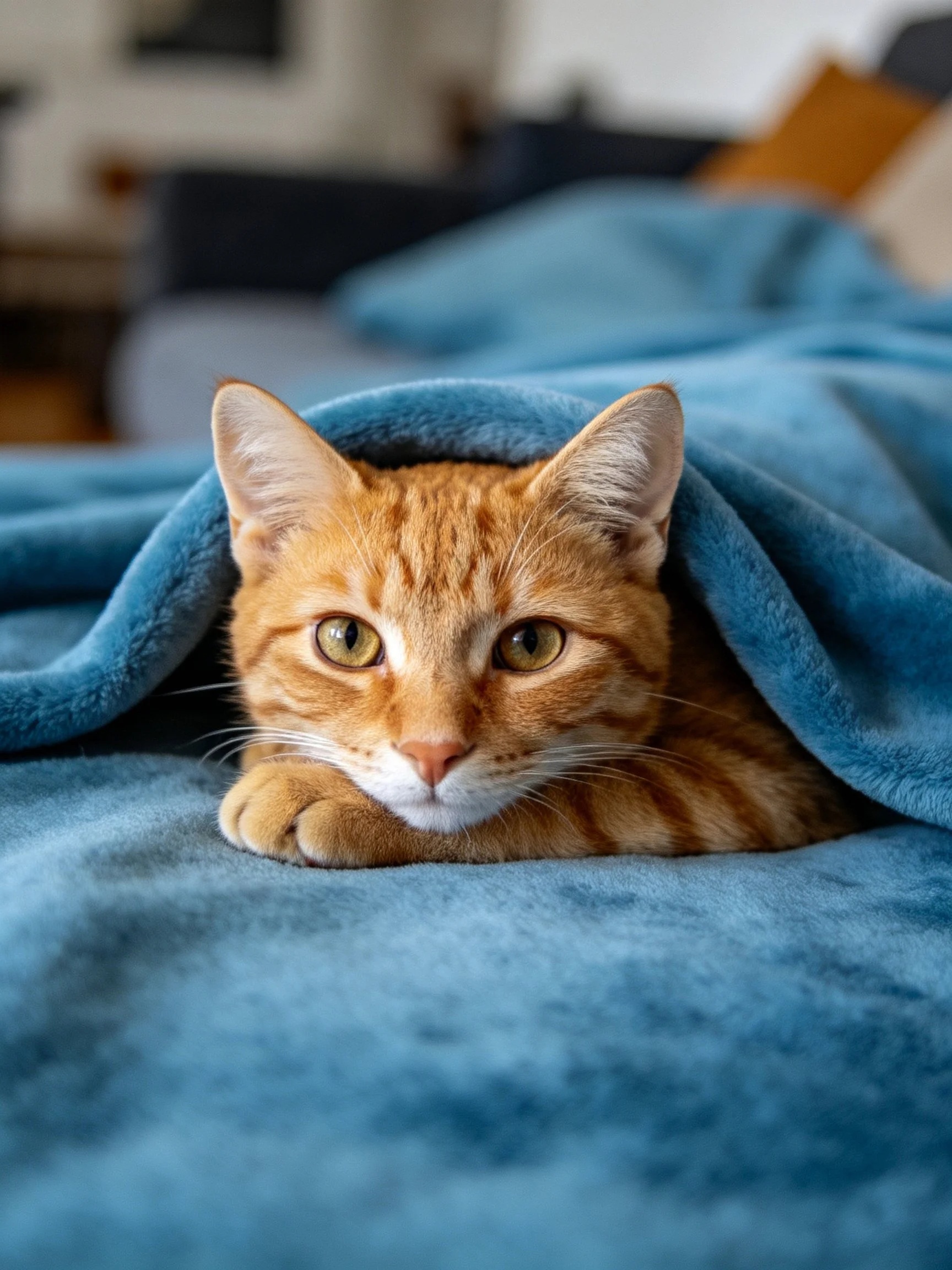 An orange tabby cat wrapped in a soft blue blanket