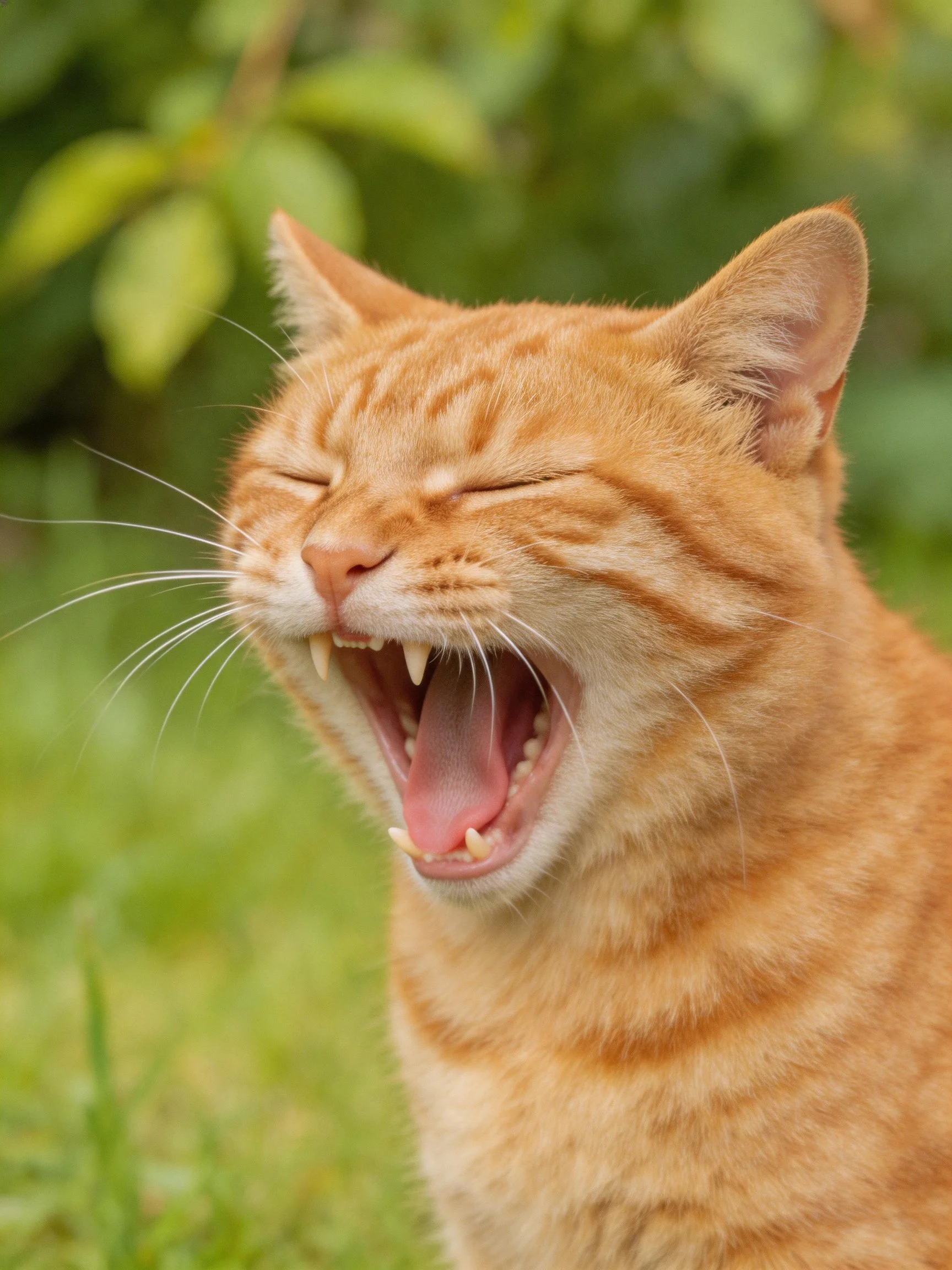 An orange tabby cat yawning in a green outdoor setting