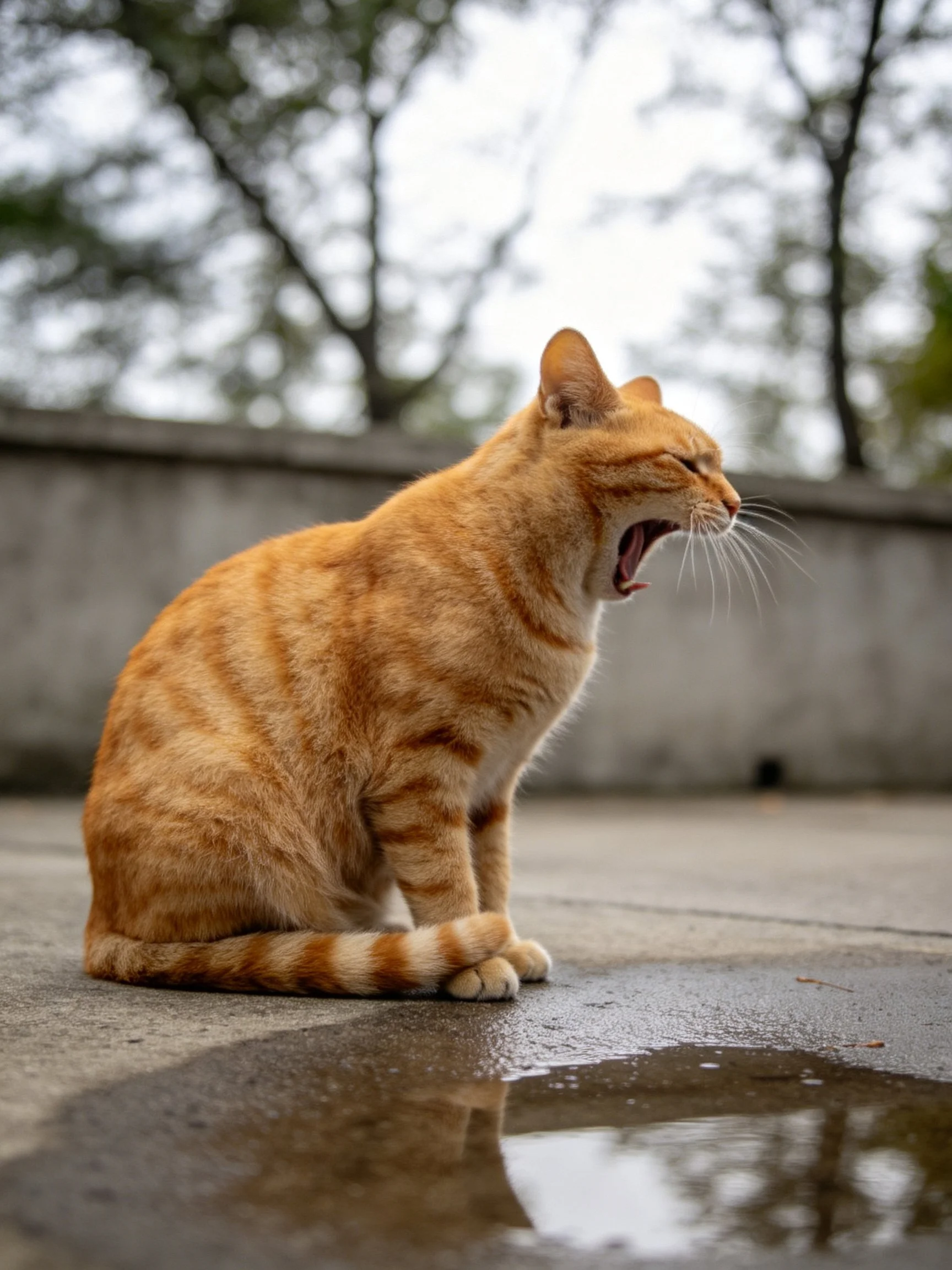 An orange tabby cat yawns near a water puddle on outdoor pavement.