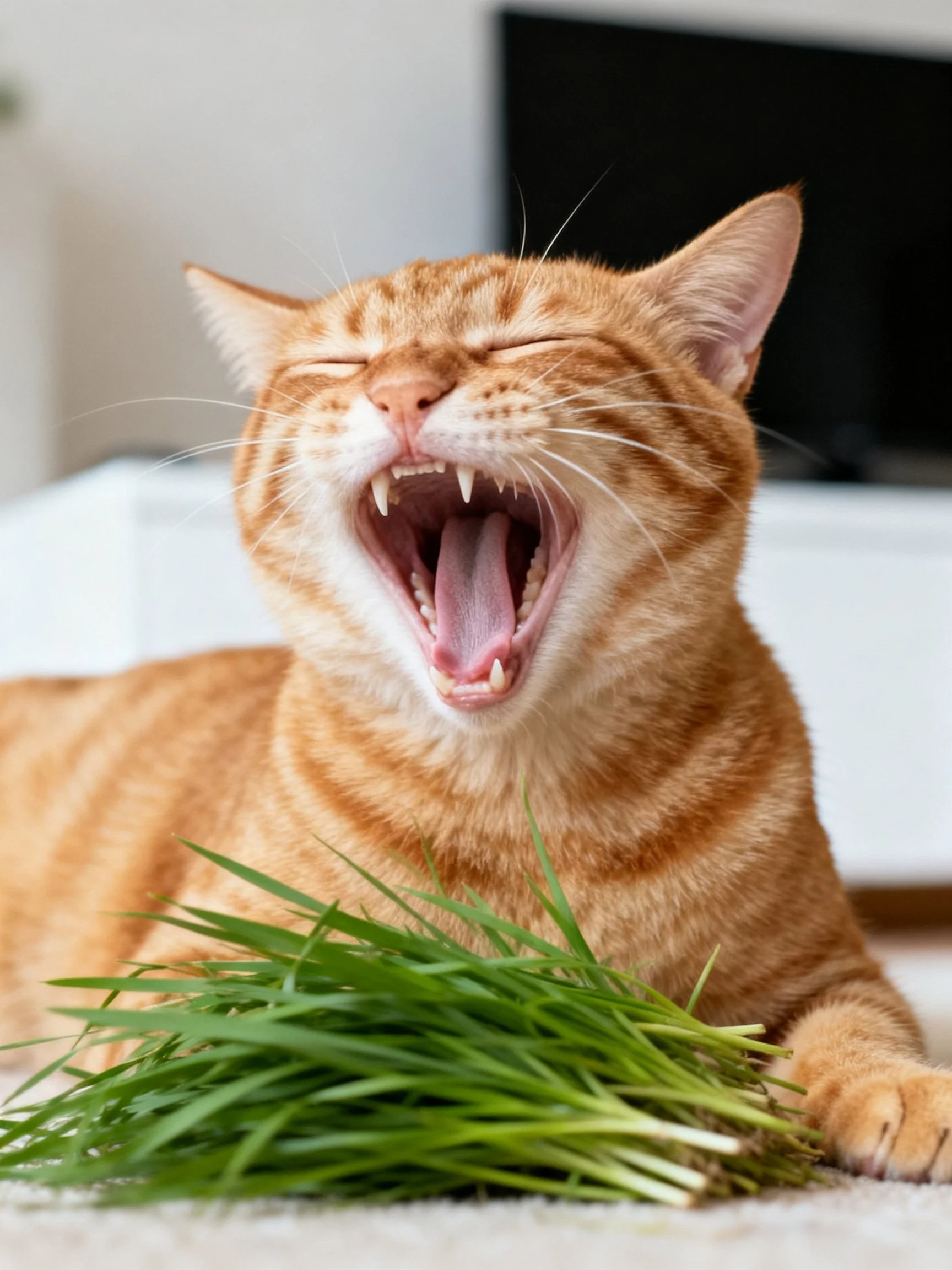An orange tabby cat yawning next to fresh green grass