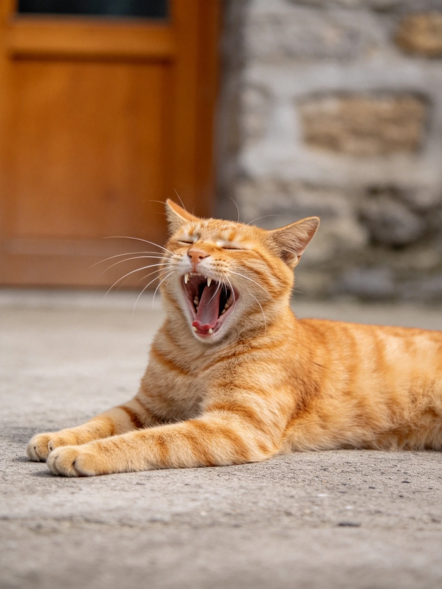 An orange tabby cat yawning on a concrete patio by a wooden door
