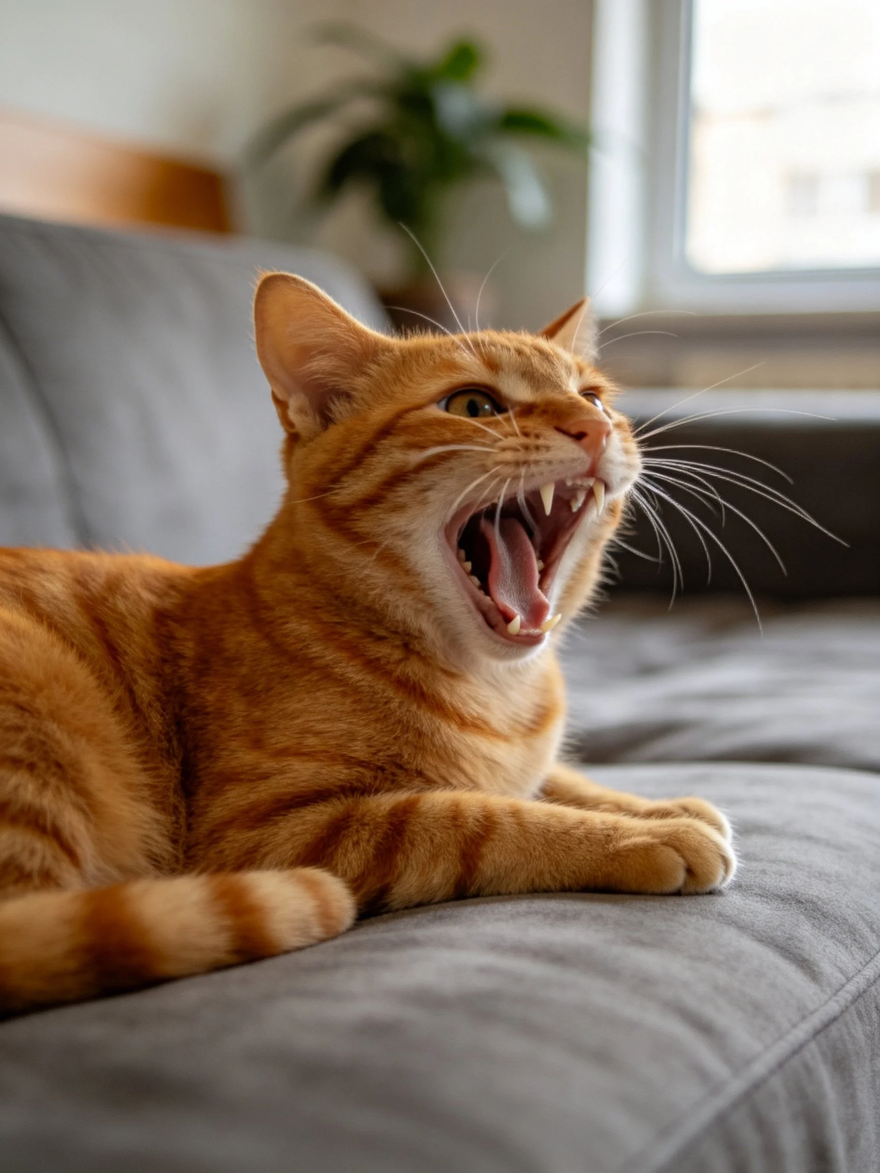 An orange tabby cat yawns while resting on a gray couch in a bright room