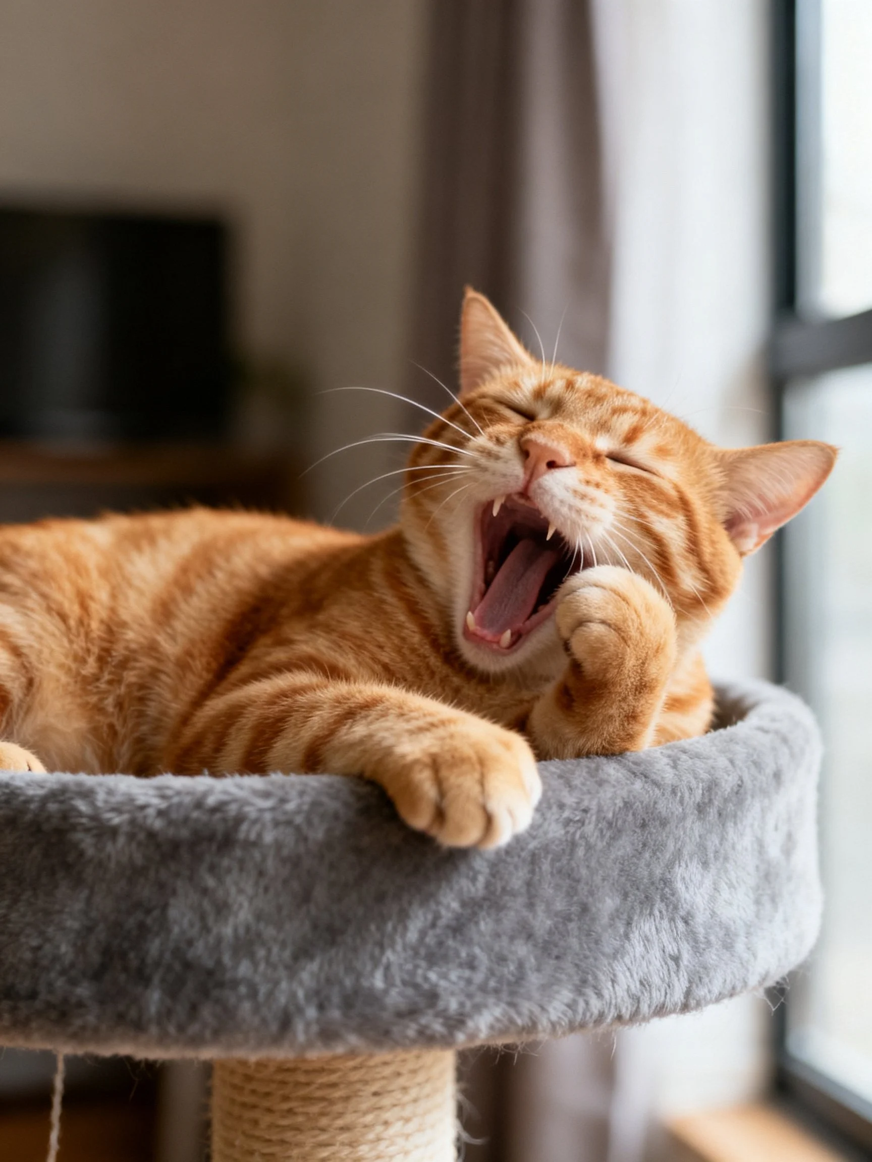 An orange tabby cat yawns on a gray pet bed near a sunlit window.