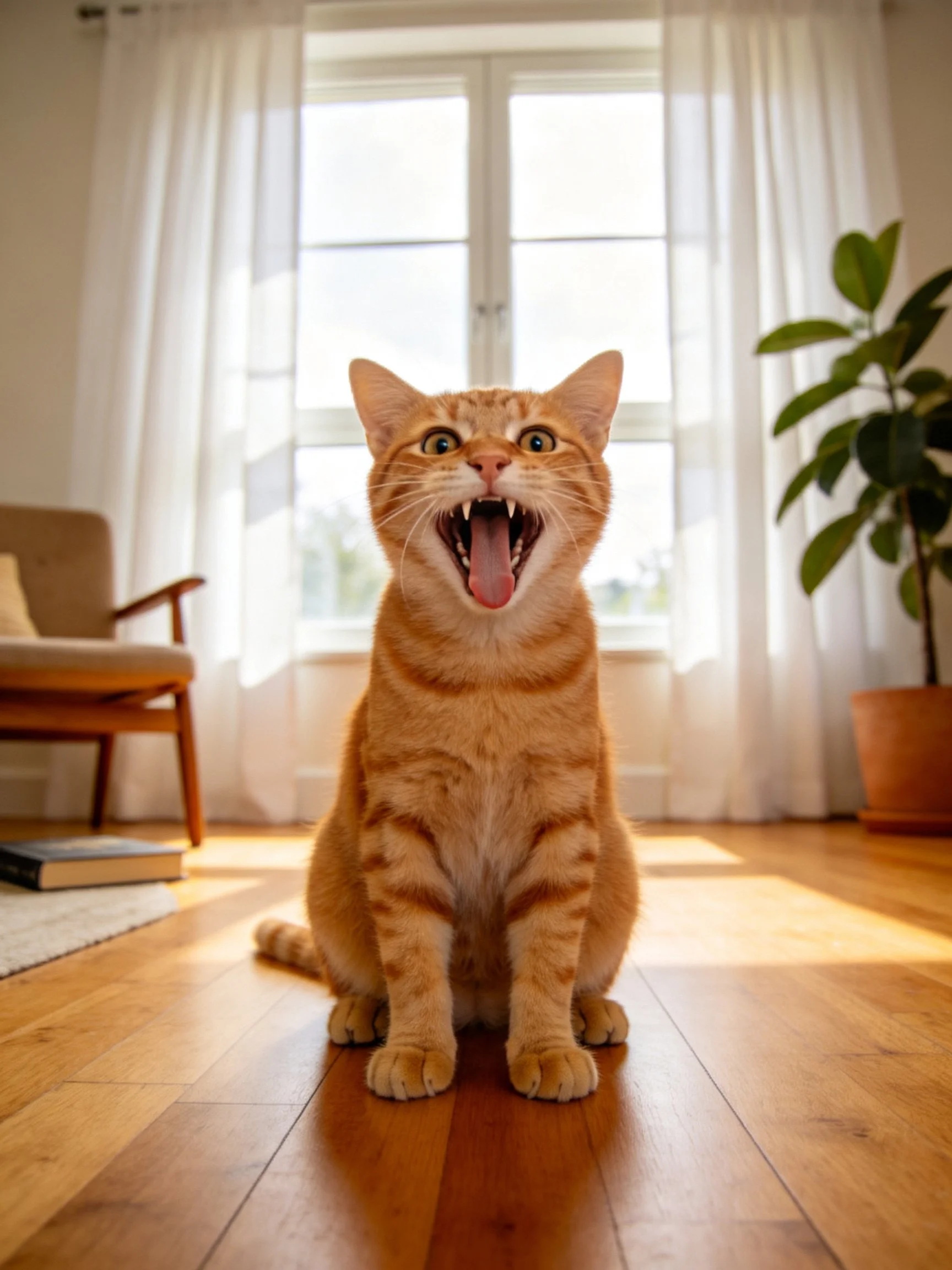An orange tabby cat yawning on a polished wooden floor