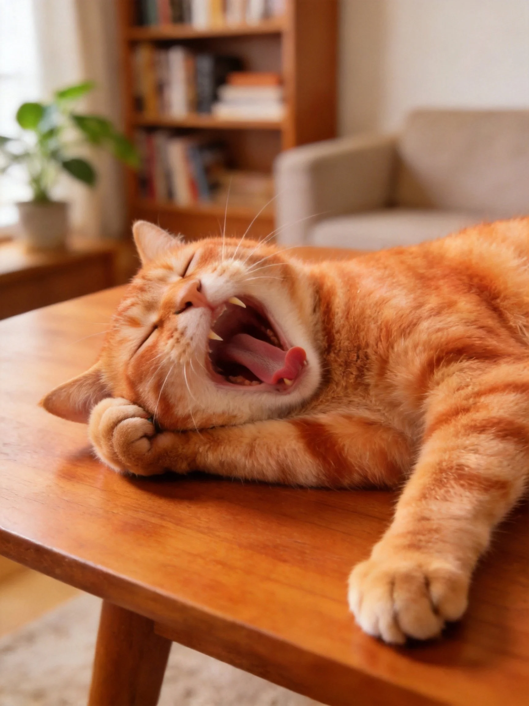 An orange tabby cat yawning on a polished wooden table