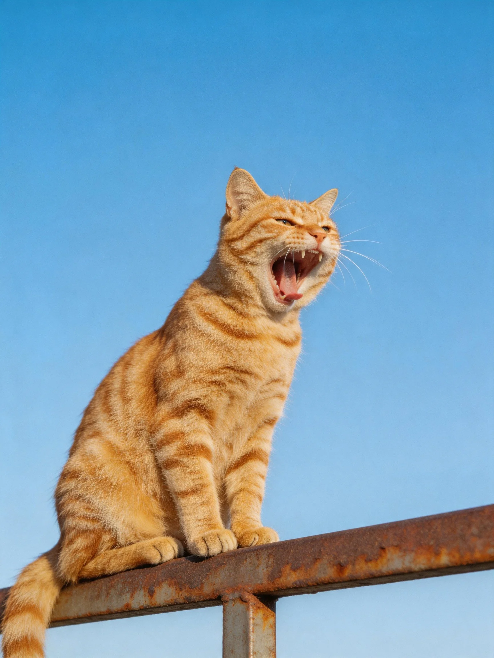 An orange tabby cat yawning on a rusted metal bar under clear blue sky