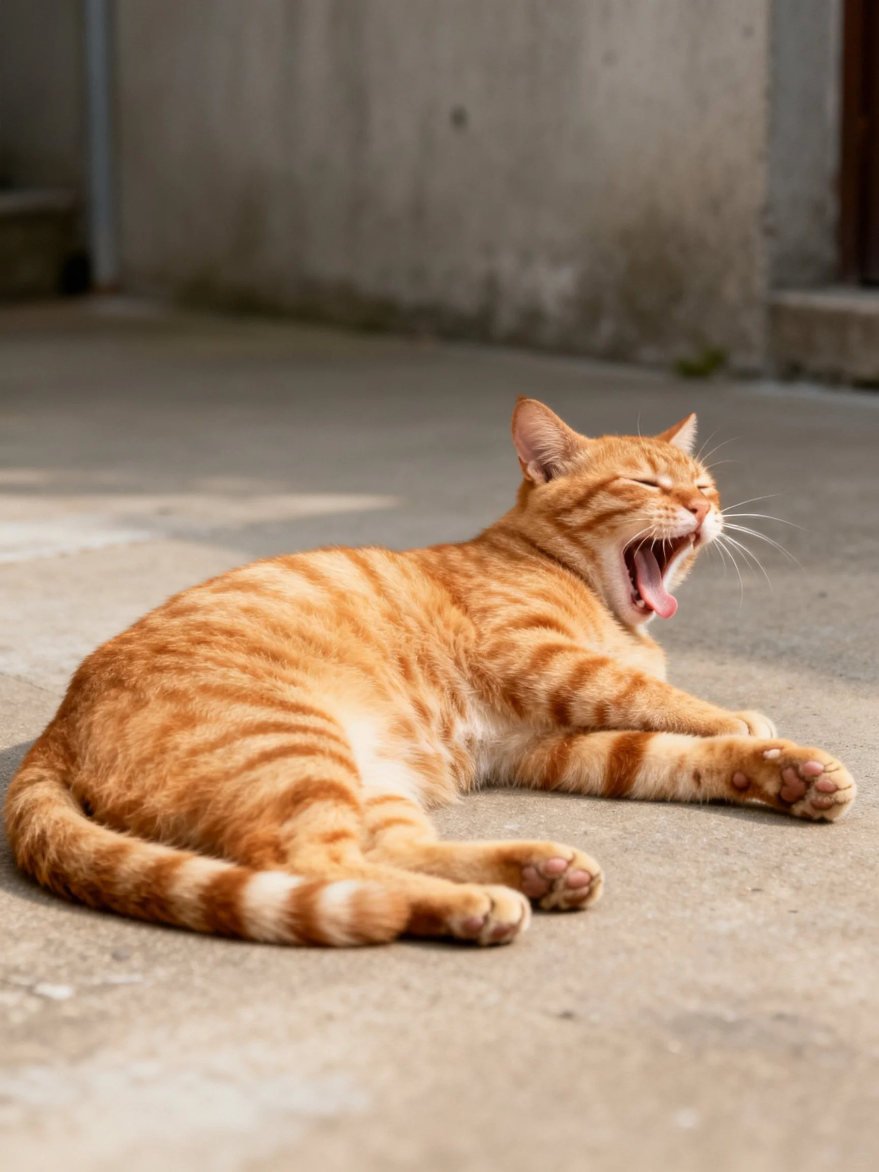 An orange tabby cat yawning on a smooth concrete surface