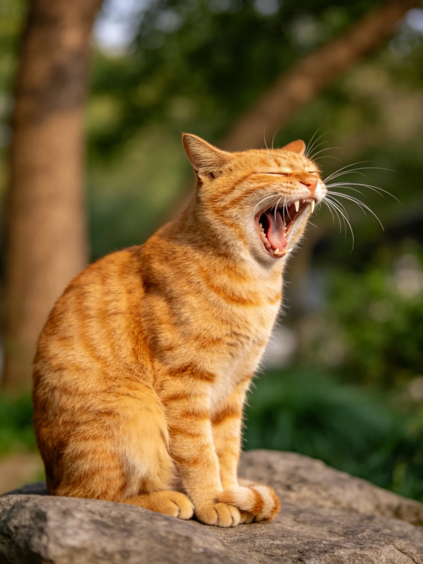 An orange tabby cat yawns while seated on a stone outdoors.