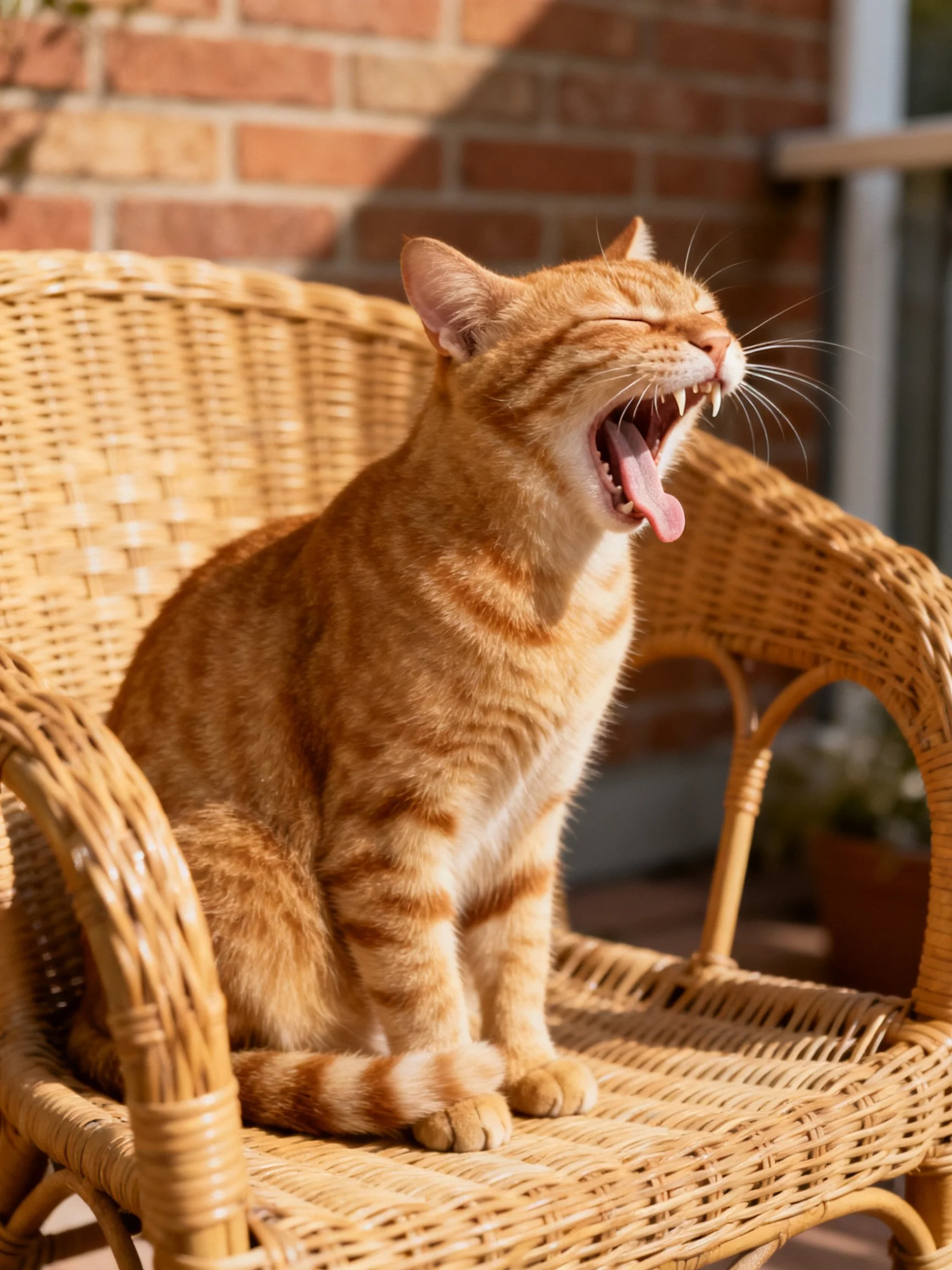 An orange tabby cat yawning on a wicker chair beside a brick wall